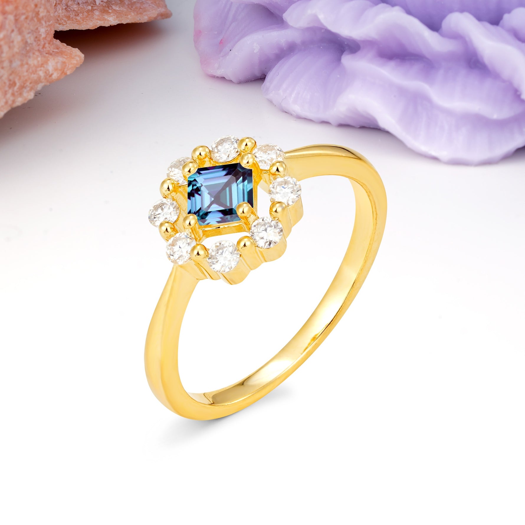 Dainty Plain Polished Band Radiant Flower Halo Princess Cut Alexandrite Engagement Ring - Additional view