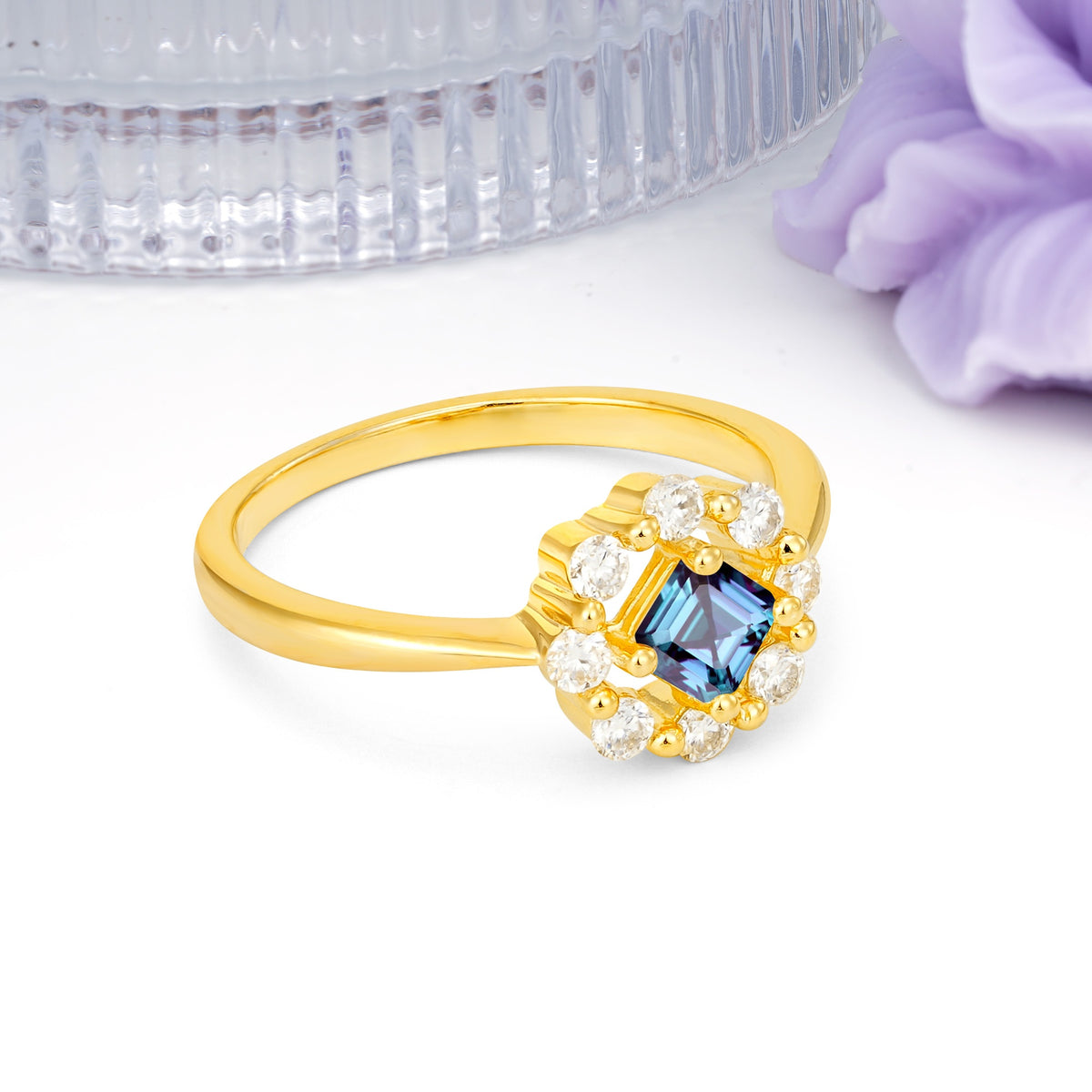 Dainty Plain Polished Band Radiant Flower Halo Princess Cut Alexandrite Engagement Ring - Additional view