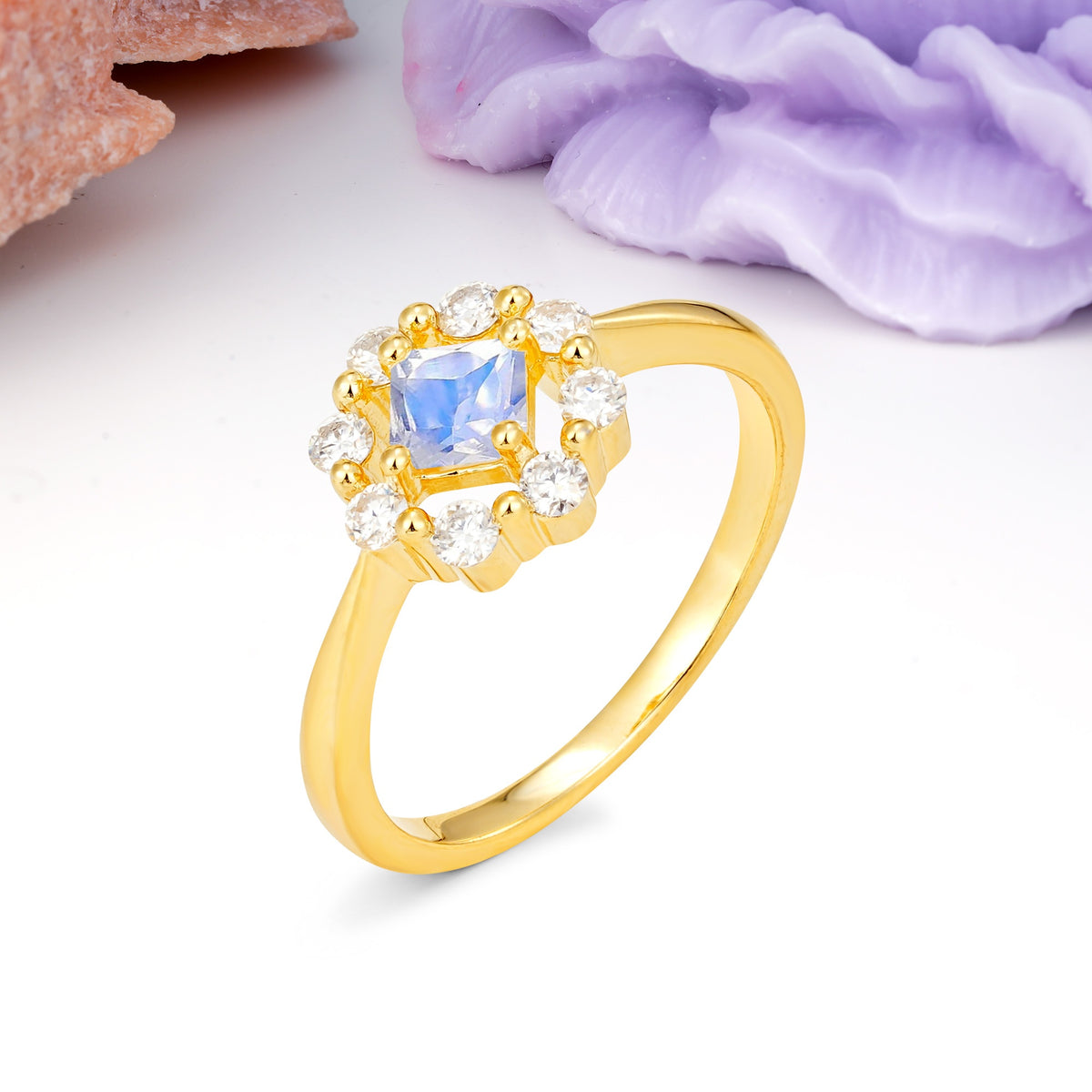 Dainty Plain Polished Band Radiant Flower Halo Princess Cut Moonstone Engagement Ring - Additional view