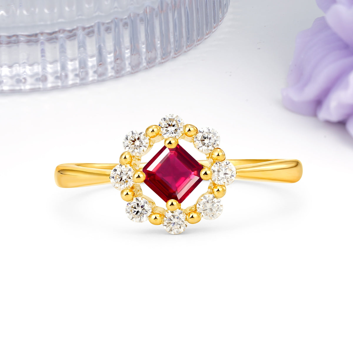 Dainty Plain Polished Band Radiant Flower Halo Princess Cut Ruby Engagement Ring - Additional view
