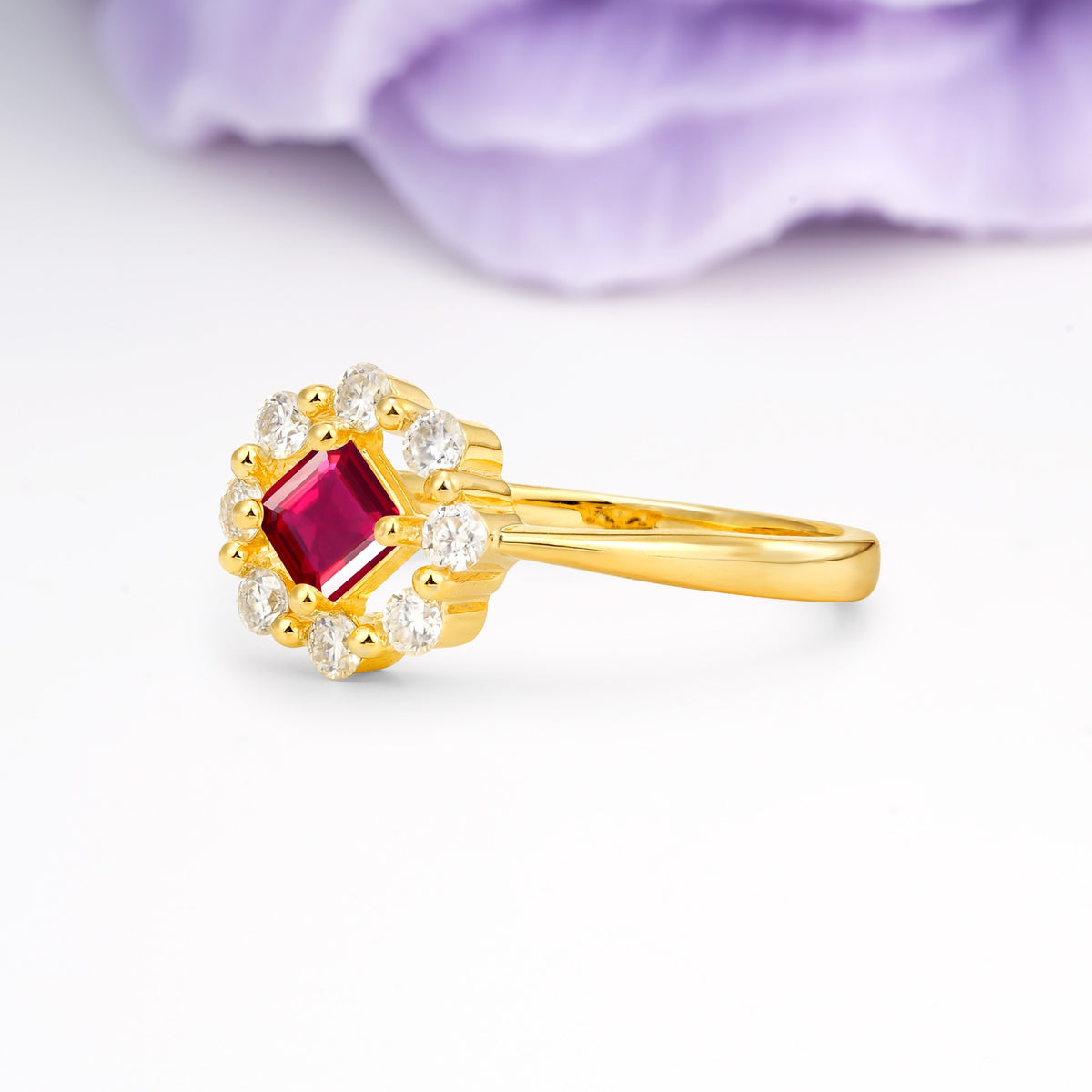 Dainty Plain Polished Band Radiant Flower Halo Princess Cut Ruby Engagement Ring - Additional view