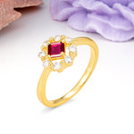 Dainty Plain Polished Band Radiant Flower Halo Princess Cut Ruby Engagement Ring - Additional view