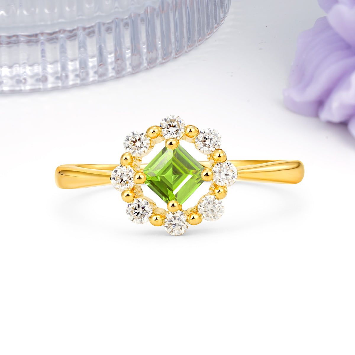 Dainty Plain Polished Band Radiant Flower Halo Princess Cut Peridot Engagement Ring - Additional view