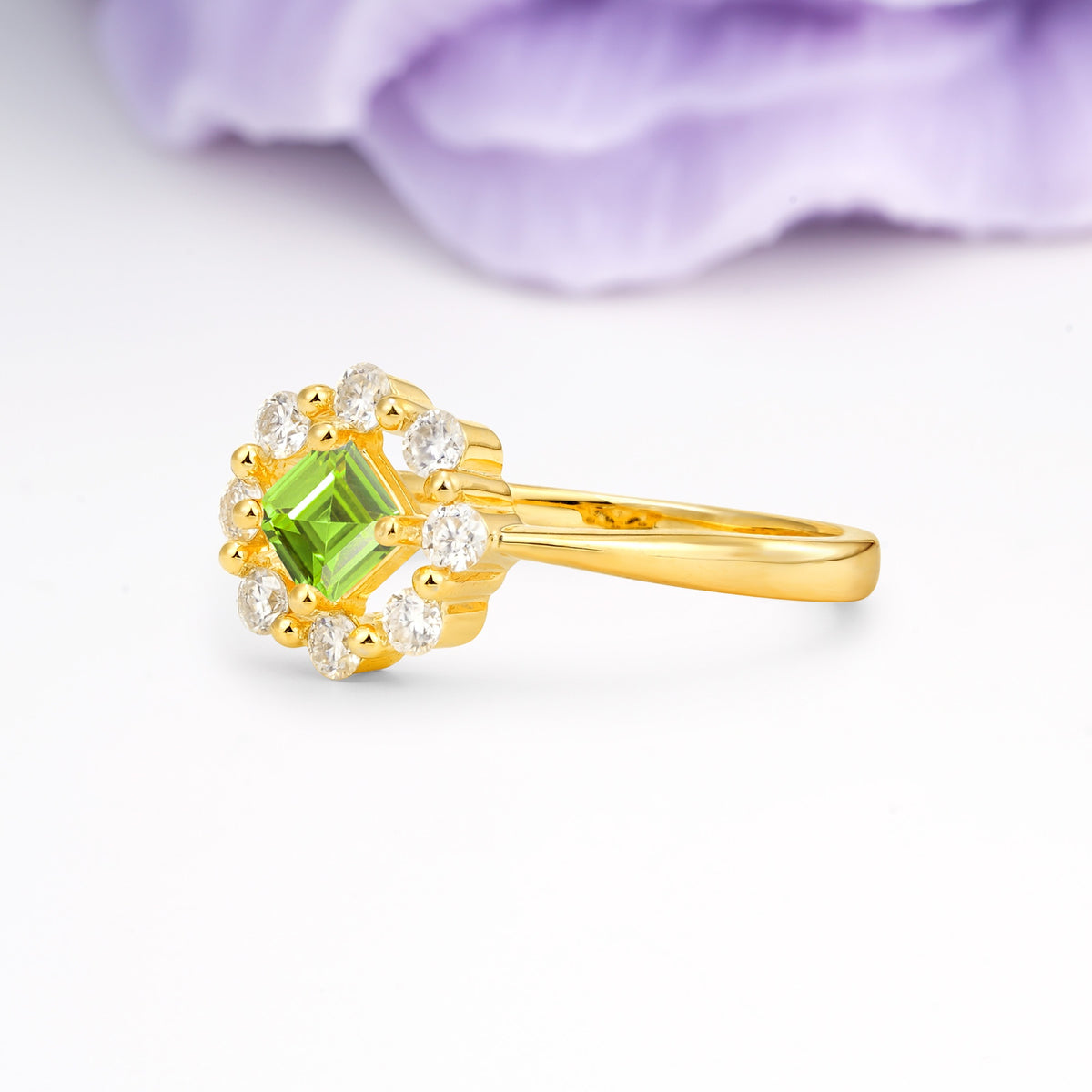 Dainty Plain Polished Band Radiant Flower Halo Princess Cut Peridot Engagement Ring - Additional view