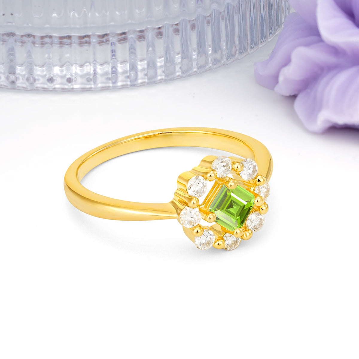 Dainty Plain Polished Band Radiant Flower Halo Princess Cut Peridot Engagement Ring - Additional view