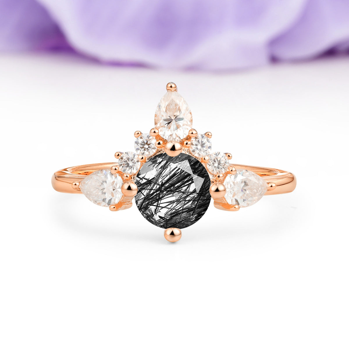Classic Luxury Crown 4-Prong Round-Cut Black Rutilated Quartz Engagement Ring - Additional view