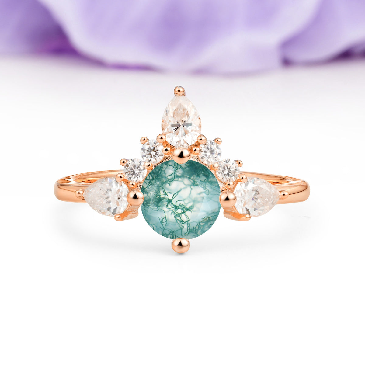 Classic Luxury Crown 4-Prong Round-Cut Moss Agate Engagement Ring - Additional view