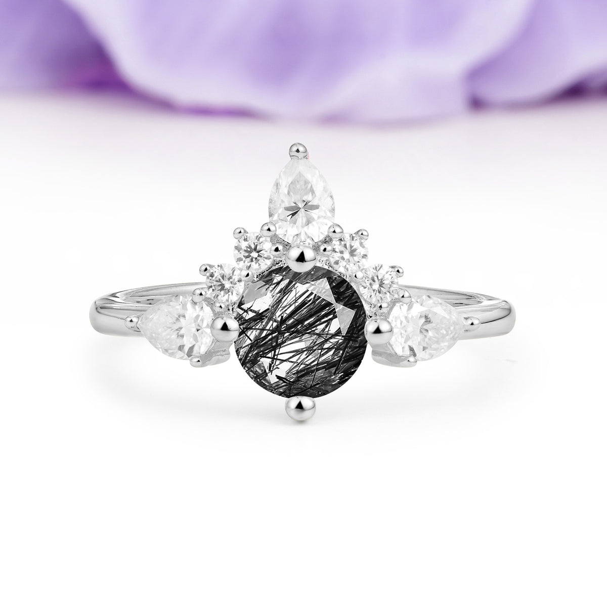 Classic Luxury Crown 4-Prong Round-Cut Black Rutilated Quartz Engagement Ring - Additional view