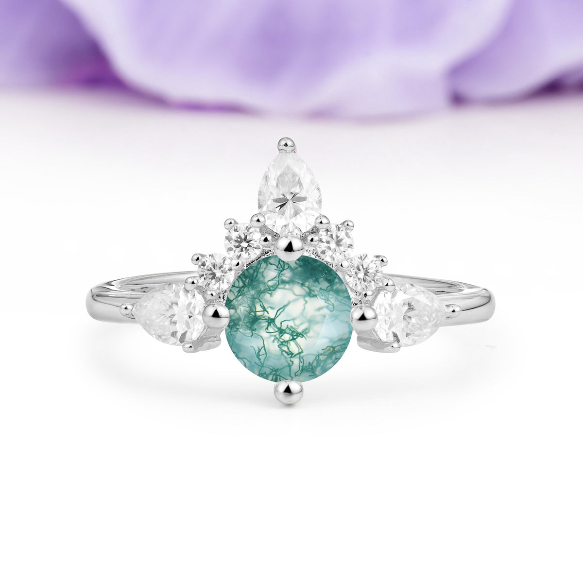 Classic Luxury Crown 4-Prong Round-Cut Moss Agate Engagement Ring - Additional view