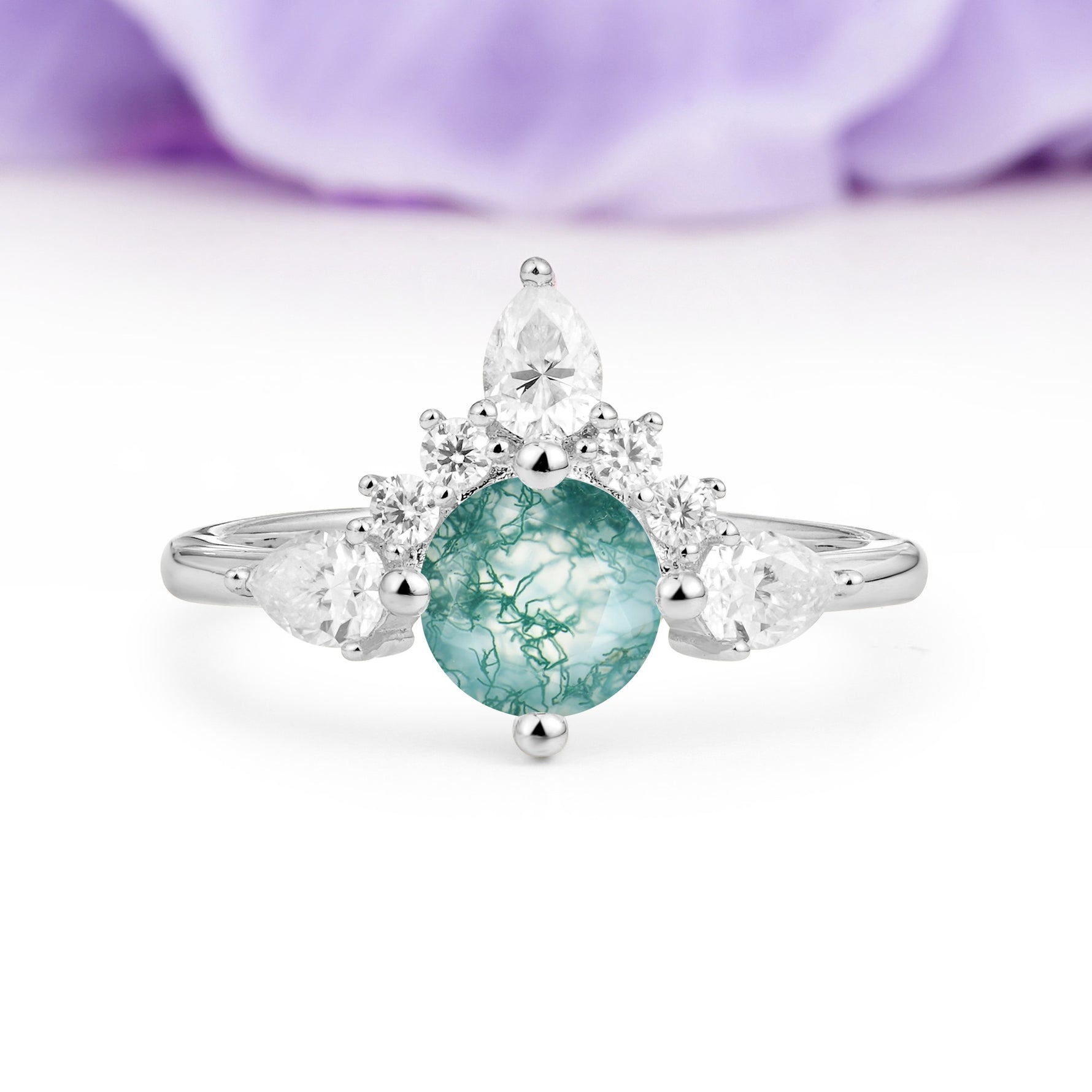Classic Luxury Crown 4-Prong Round-Cut Moss Agate Engagement Ring - Additional view