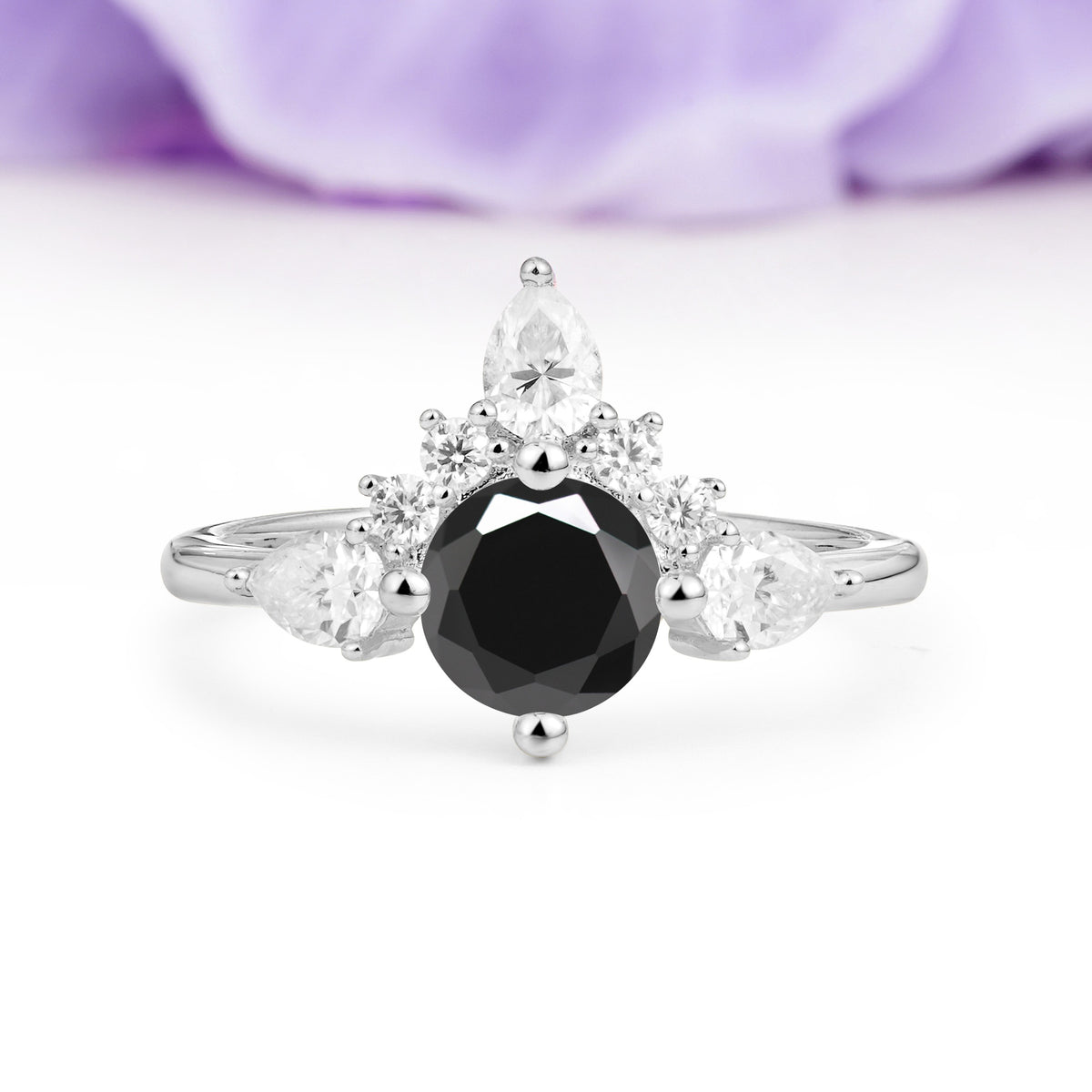 Classic Luxury Crown 4-Prong Round-Cut Black Onyx Engagement Ring - Additional view