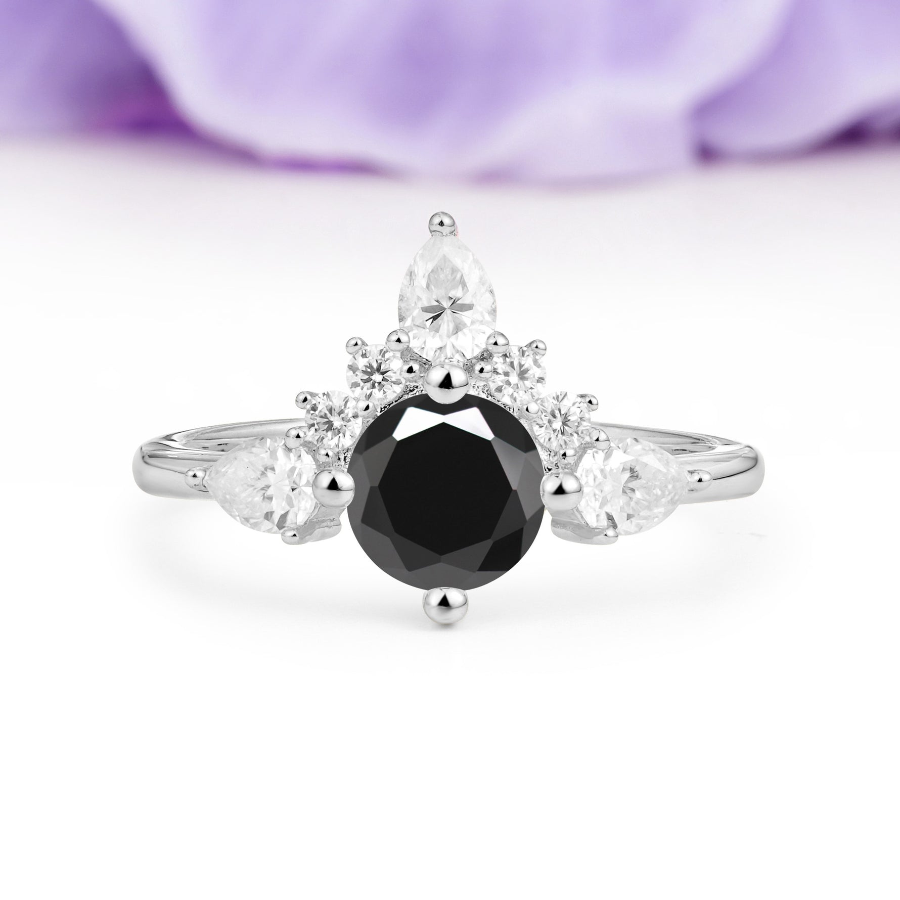 Classic Luxury Crown 4-Prong Round-Cut Black Onyx Engagement Ring - Additional view