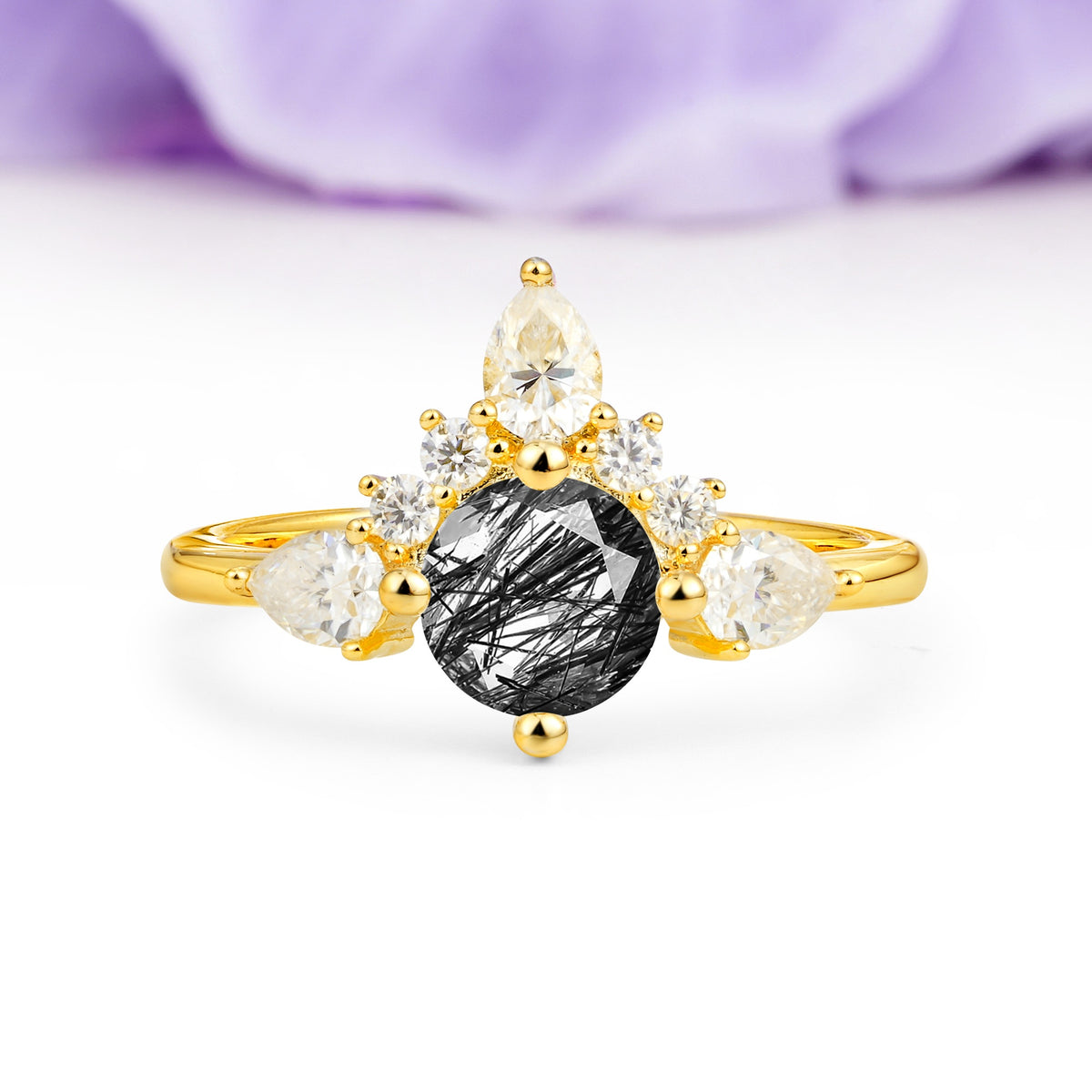 Classic Luxury Crown 4-Prong Round-Cut Black Rutilated Quartz Engagement Ring - Additional view