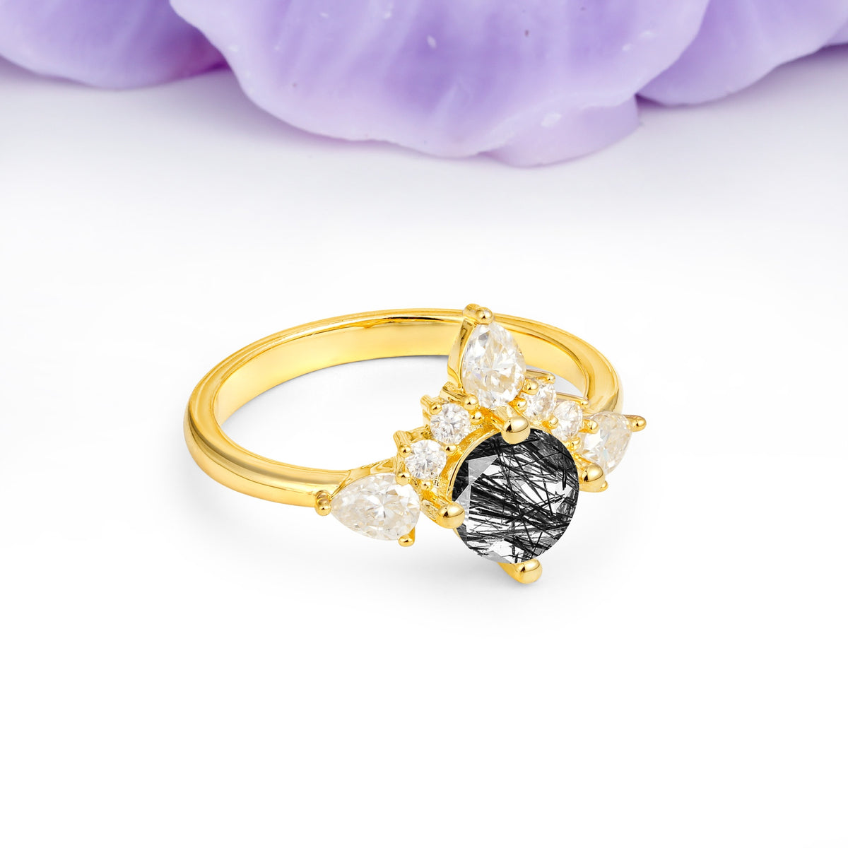 Classic Luxury Crown 4-Prong Round-Cut Black Rutilated Quartz Engagement Ring - Additional view