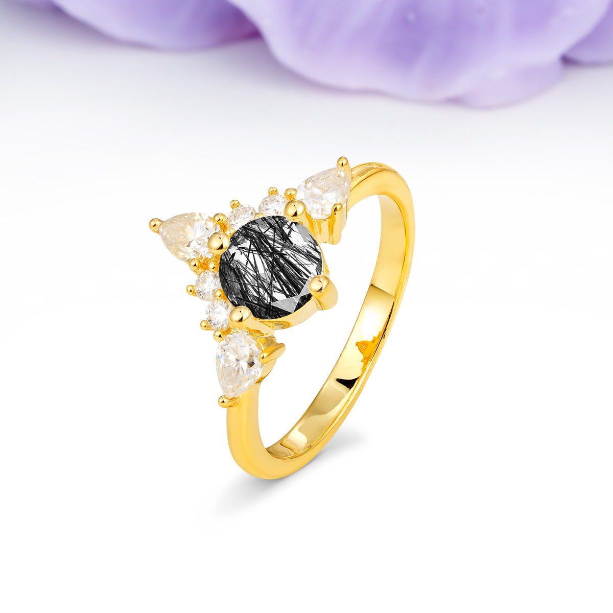 Classic Luxury Crown 4-Prong Round-Cut Black Rutilated Quartz Engagement Ring - Additional view