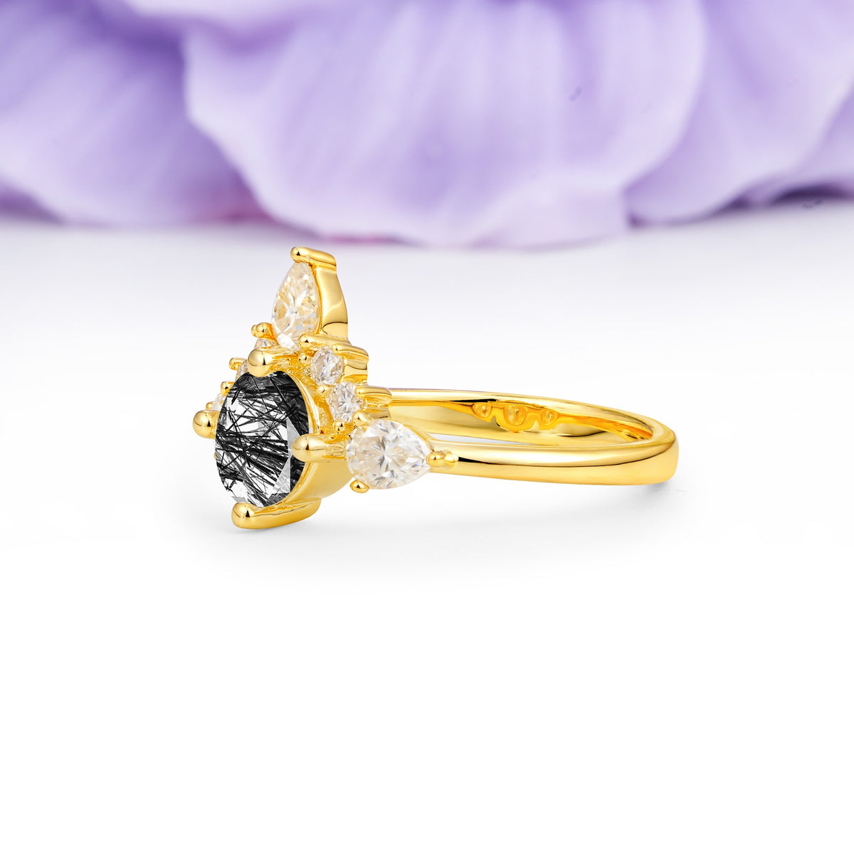 Classic Luxury Crown 4-Prong Round-Cut Black Rutilated Quartz Engagement Ring - Additional view