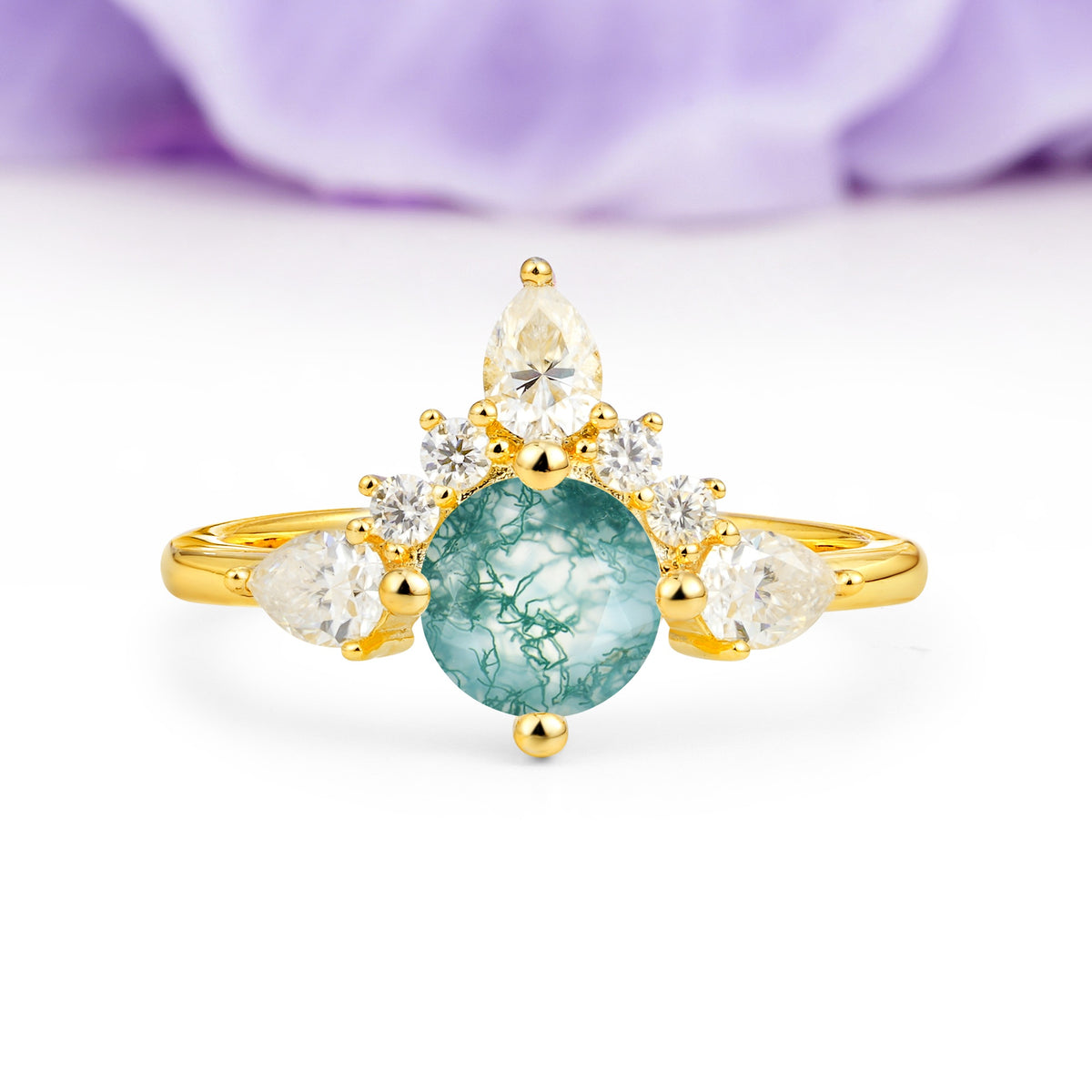 Classic Luxury Crown 4-Prong Round-Cut Moss Agate Engagement Ring - Additional view