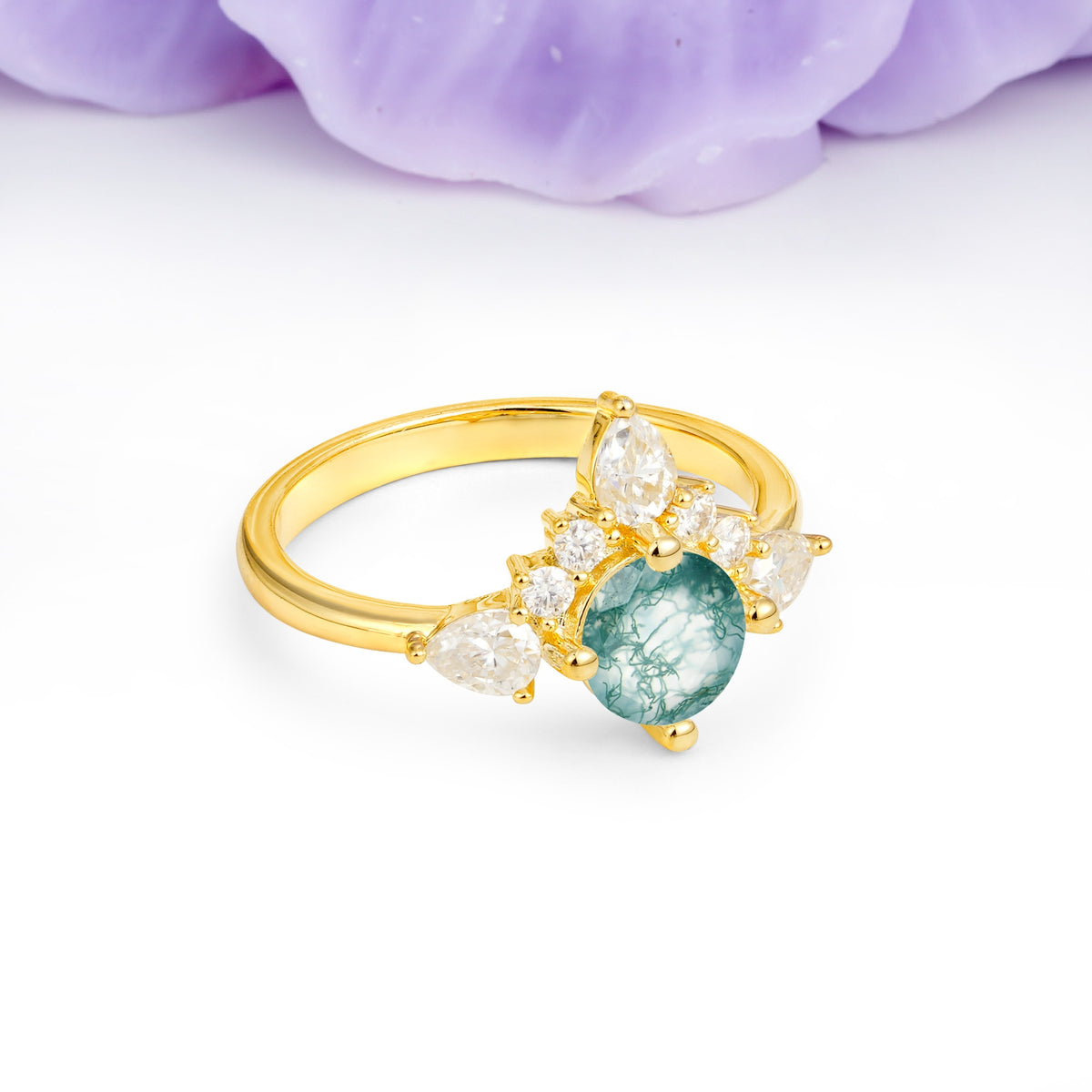 Classic Luxury Crown 4-Prong Round-Cut Moss Agate Engagement Ring - Additional view