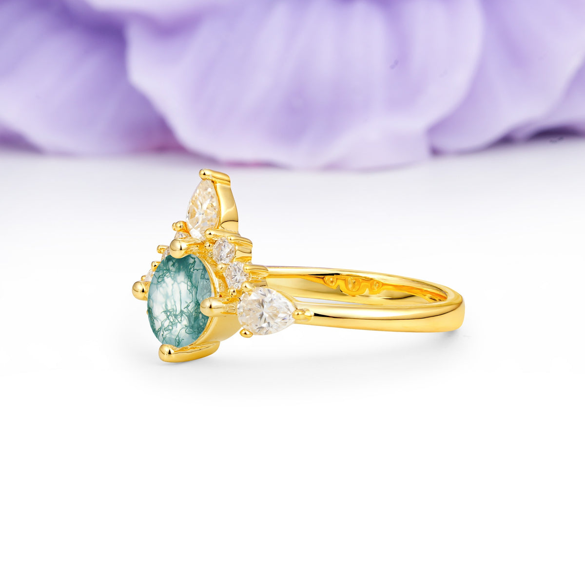 Classic Luxury Crown 4-Prong Round-Cut Moss Agate Engagement Ring - Additional view