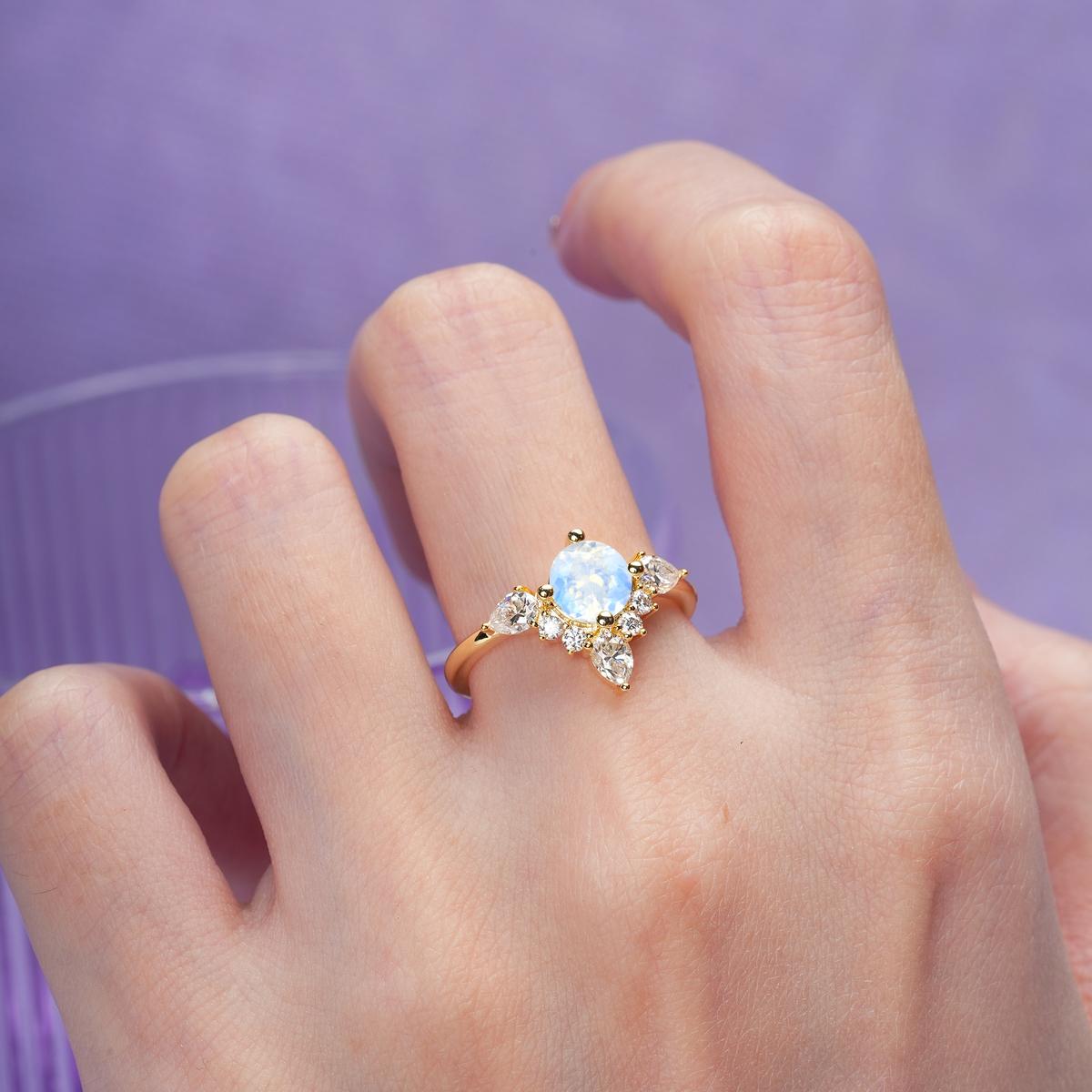 Classic Luxury Crown 4-Prong Round-Cut Moonstone Engagement Ring