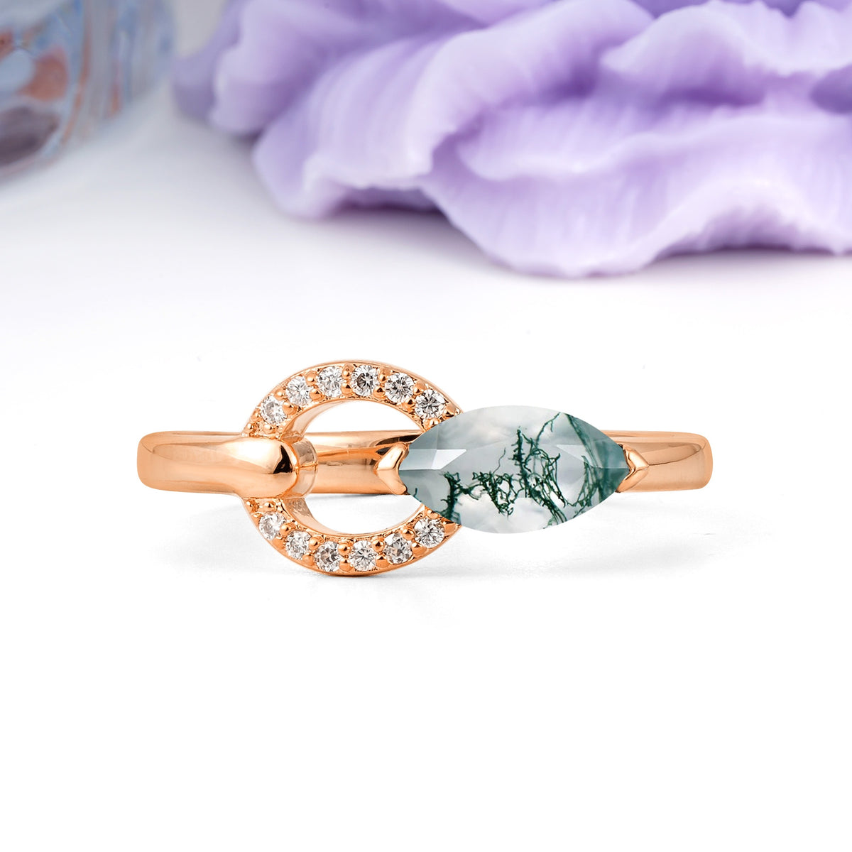Unique 2-Prong Marquise Cut Moss Agate Engagement Ring - Additional view