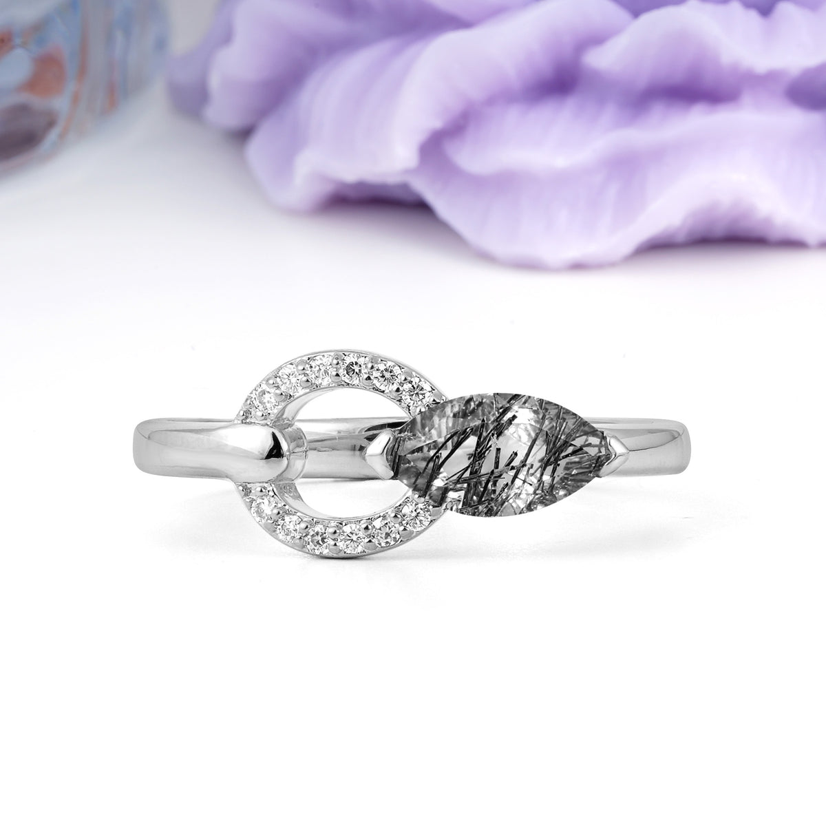 Unique 2-Prong Marquise Cut Black Rutilated Quartz Engagement Ring - Additional view