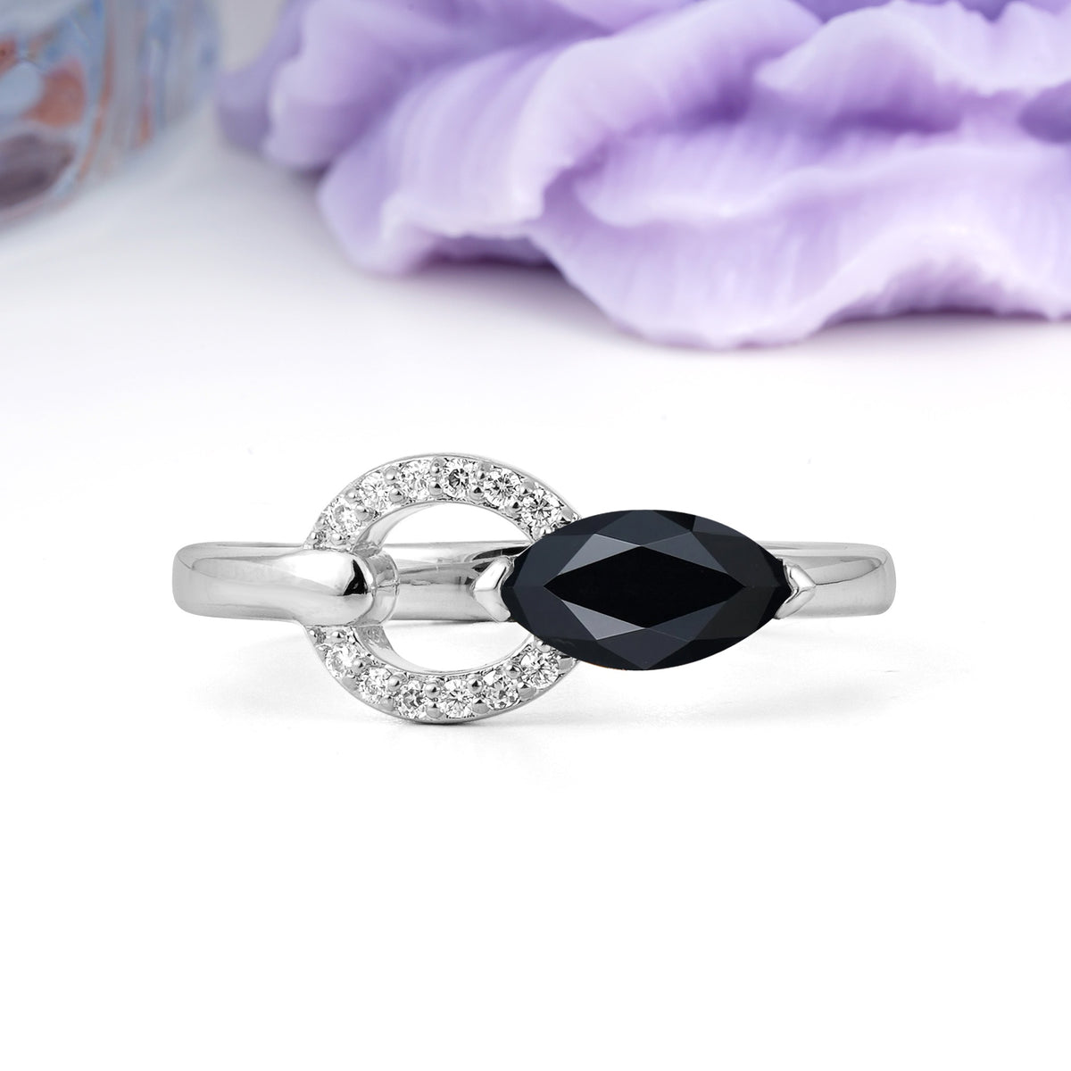 Unique 2-Prong Marquise Cut Black Onyx Engagement Ring - Additional view