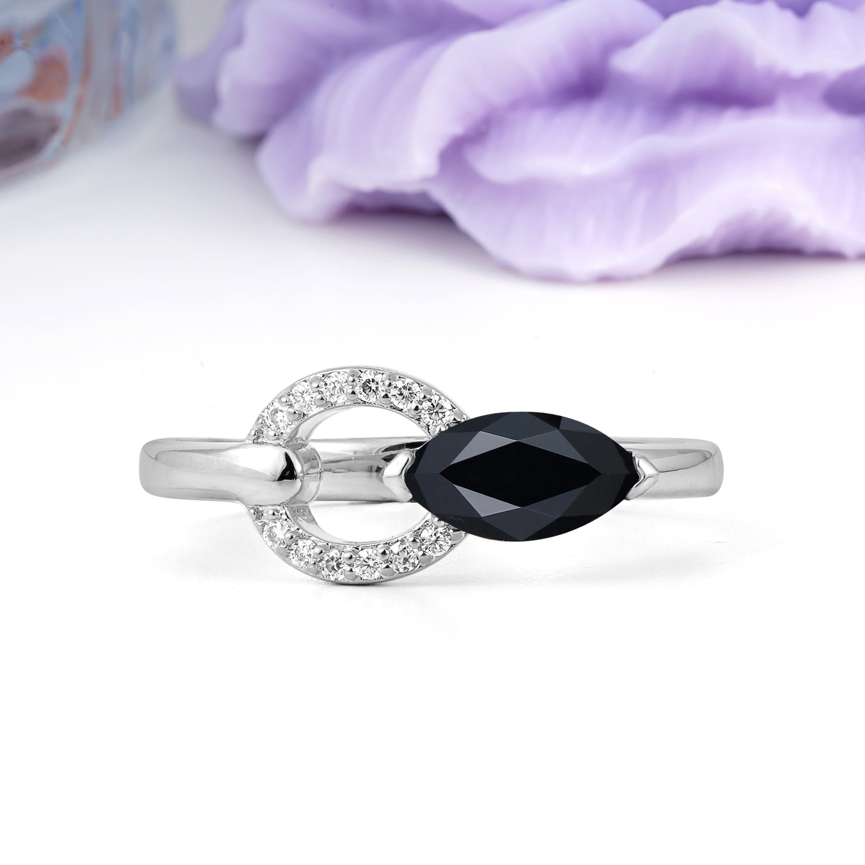 Unique 2-Prong Marquise Cut Black Onyx Engagement Ring - Additional view