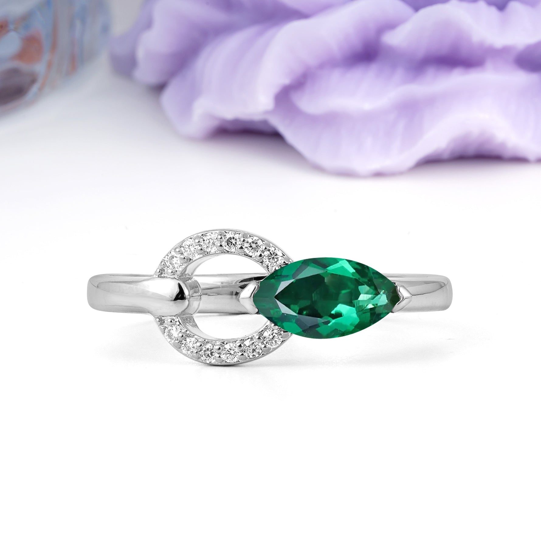 Unique 2-Prong Marquise Cut Emerald Engagement Ring - Additional view
