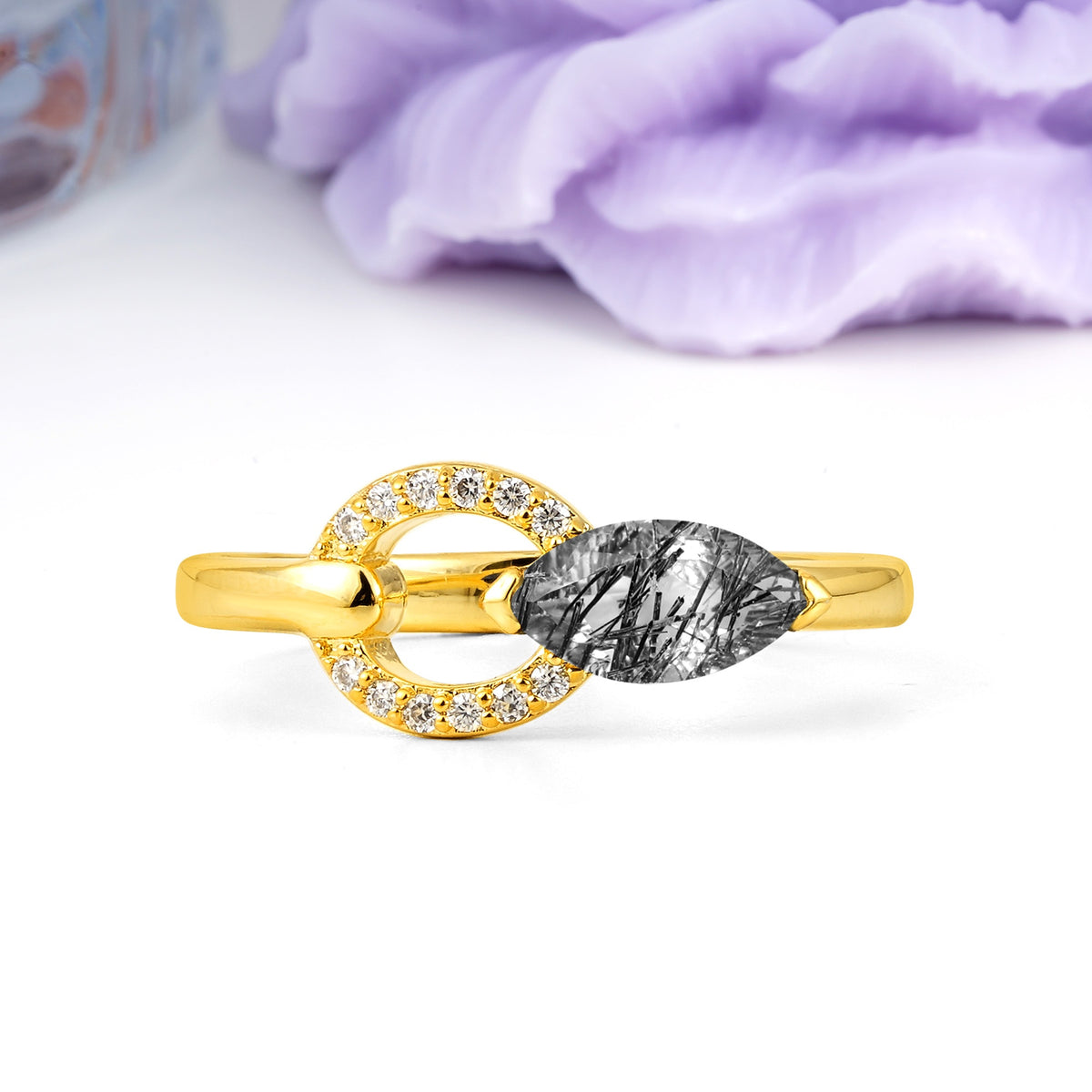 Unique 2-Prong Marquise Cut Black Rutilated Quartz Engagement Ring - Additional view