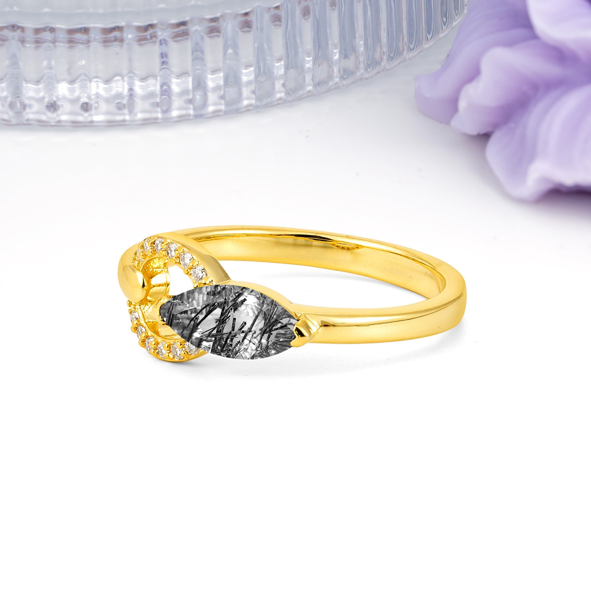 Unique 2-Prong Marquise Cut Black Rutilated Quartz Engagement Ring - Additional view