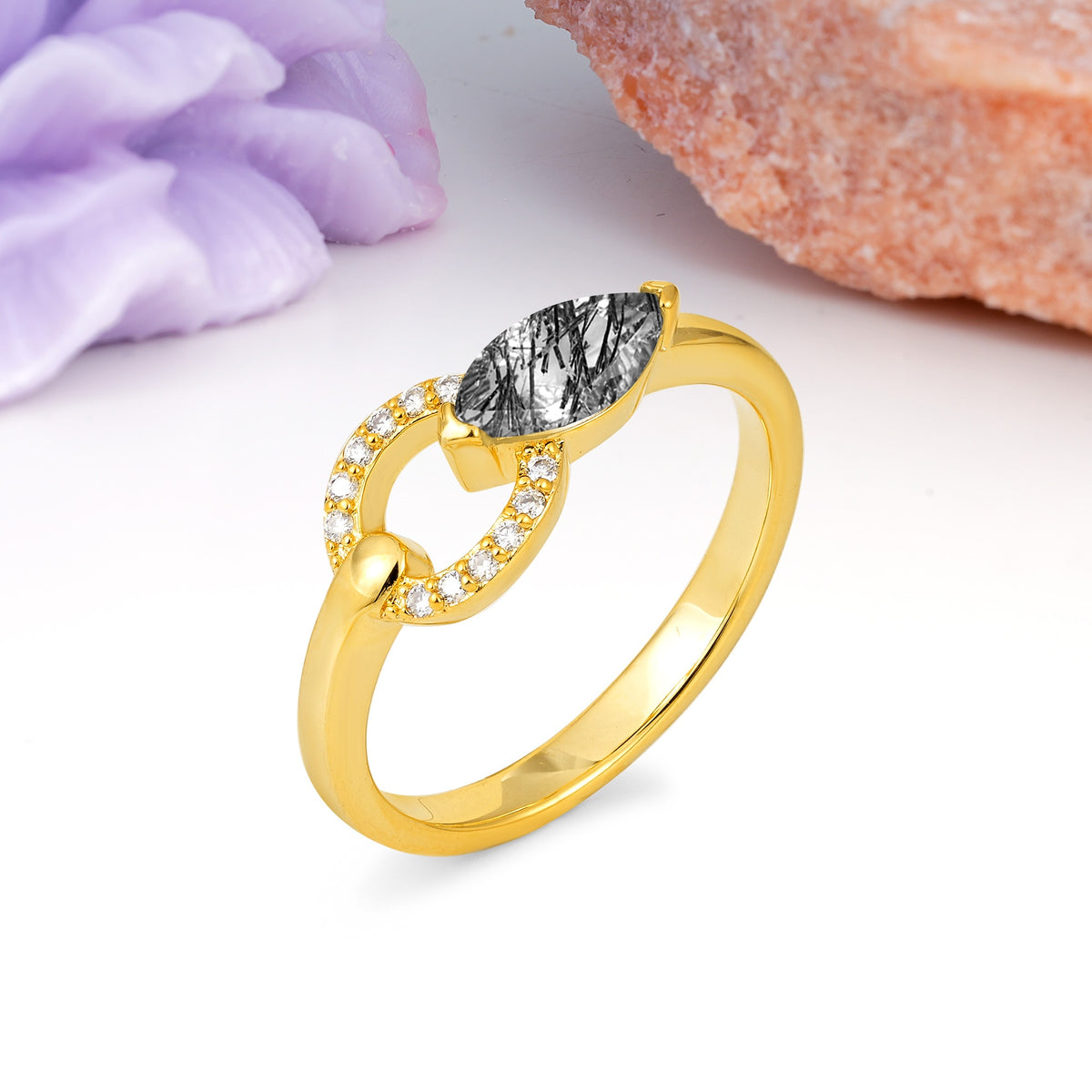 Unique 2-Prong Marquise Cut Black Rutilated Quartz Engagement Ring - Additional view