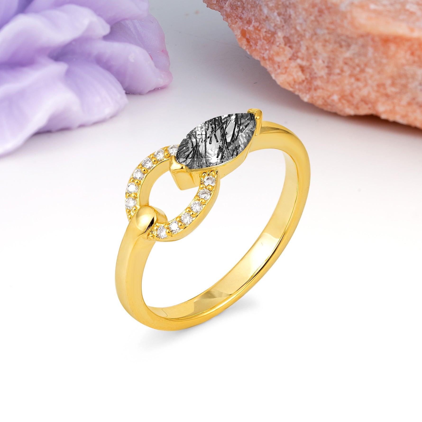 Unique 2-Prong Marquise Cut Black Rutilated Quartz Engagement Ring - Additional view