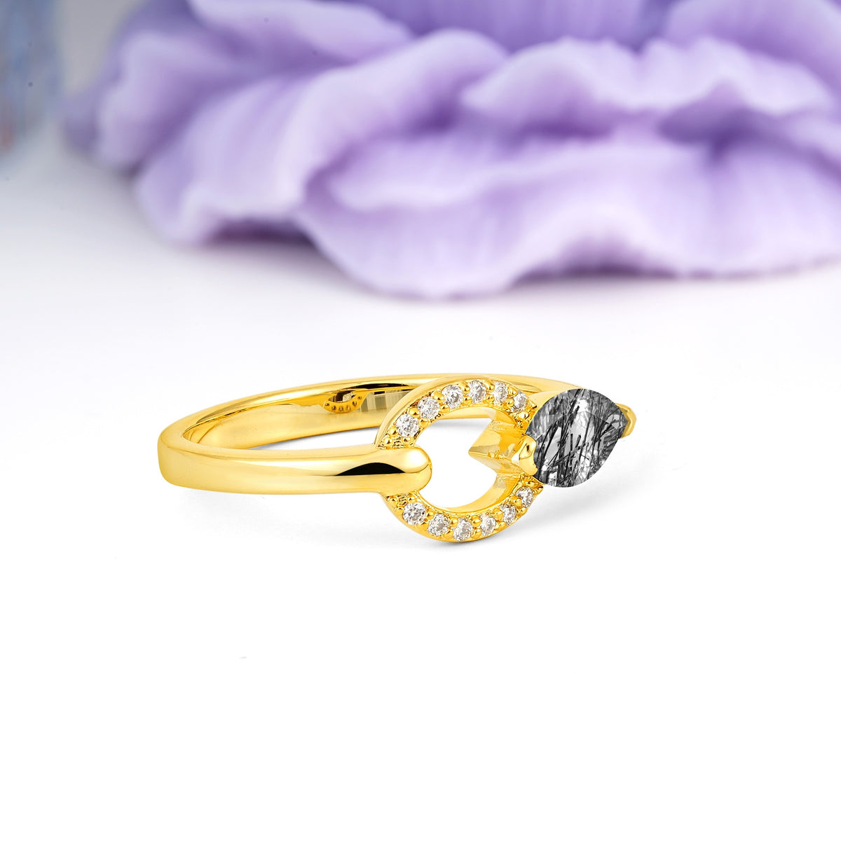 Unique 2-Prong Marquise Cut Black Rutilated Quartz Engagement Ring - Additional view
