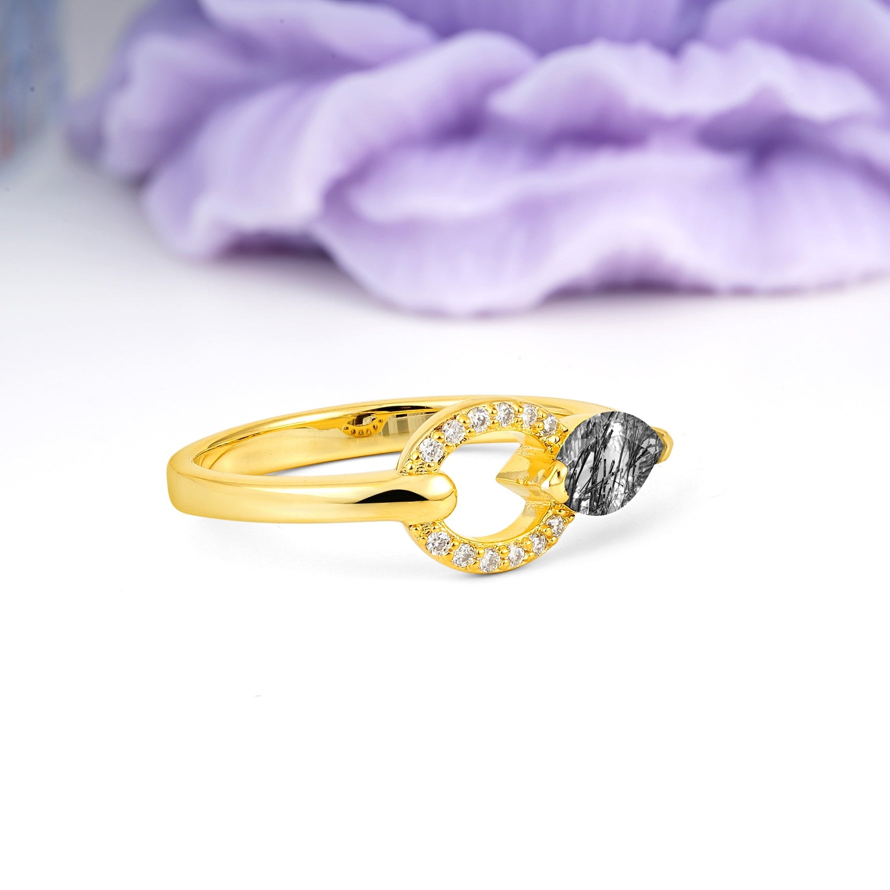 Unique 2-Prong Marquise Cut Black Rutilated Quartz Engagement Ring - Additional view