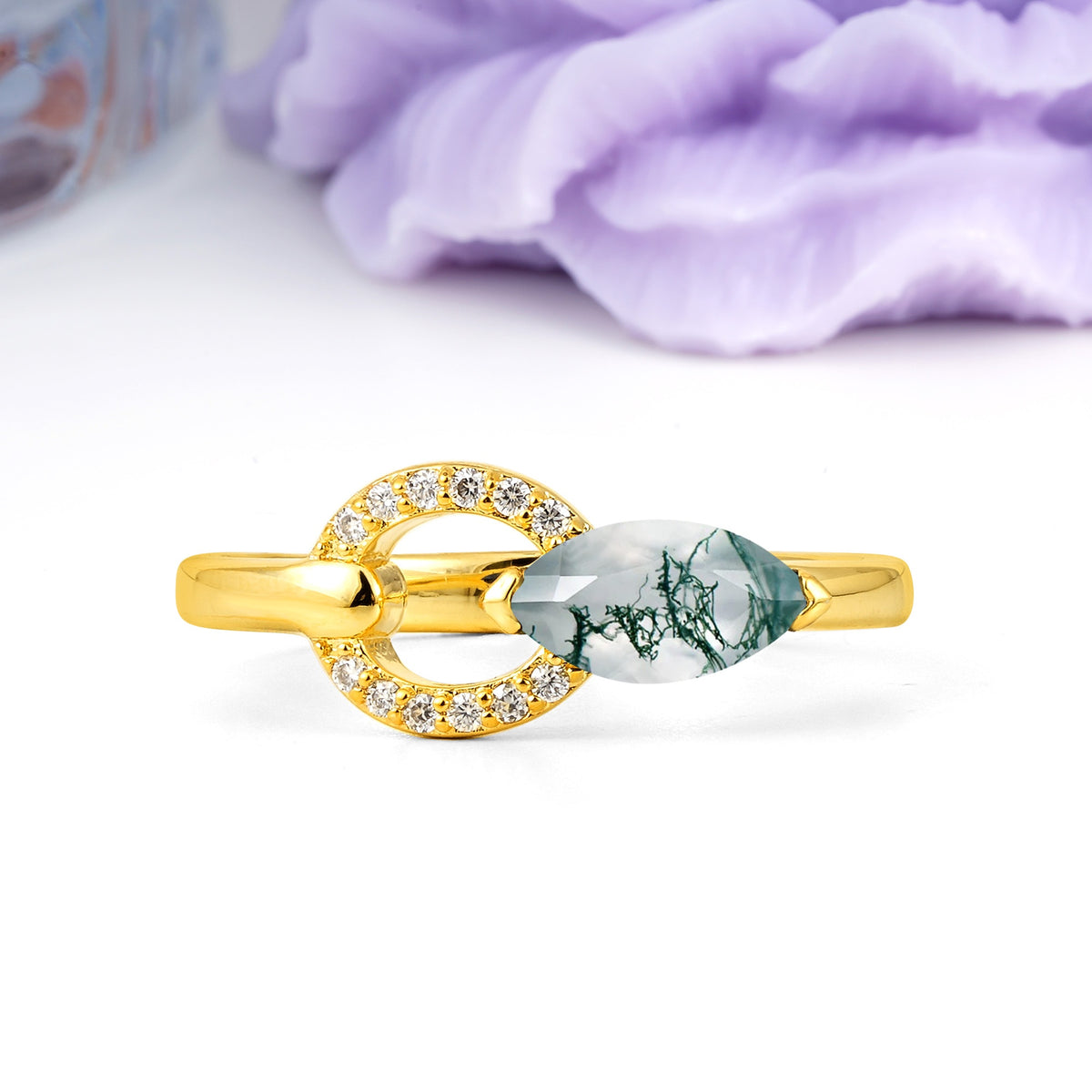 Unique 2-Prong Marquise Cut Moss Agate Engagement Ring - Additional view