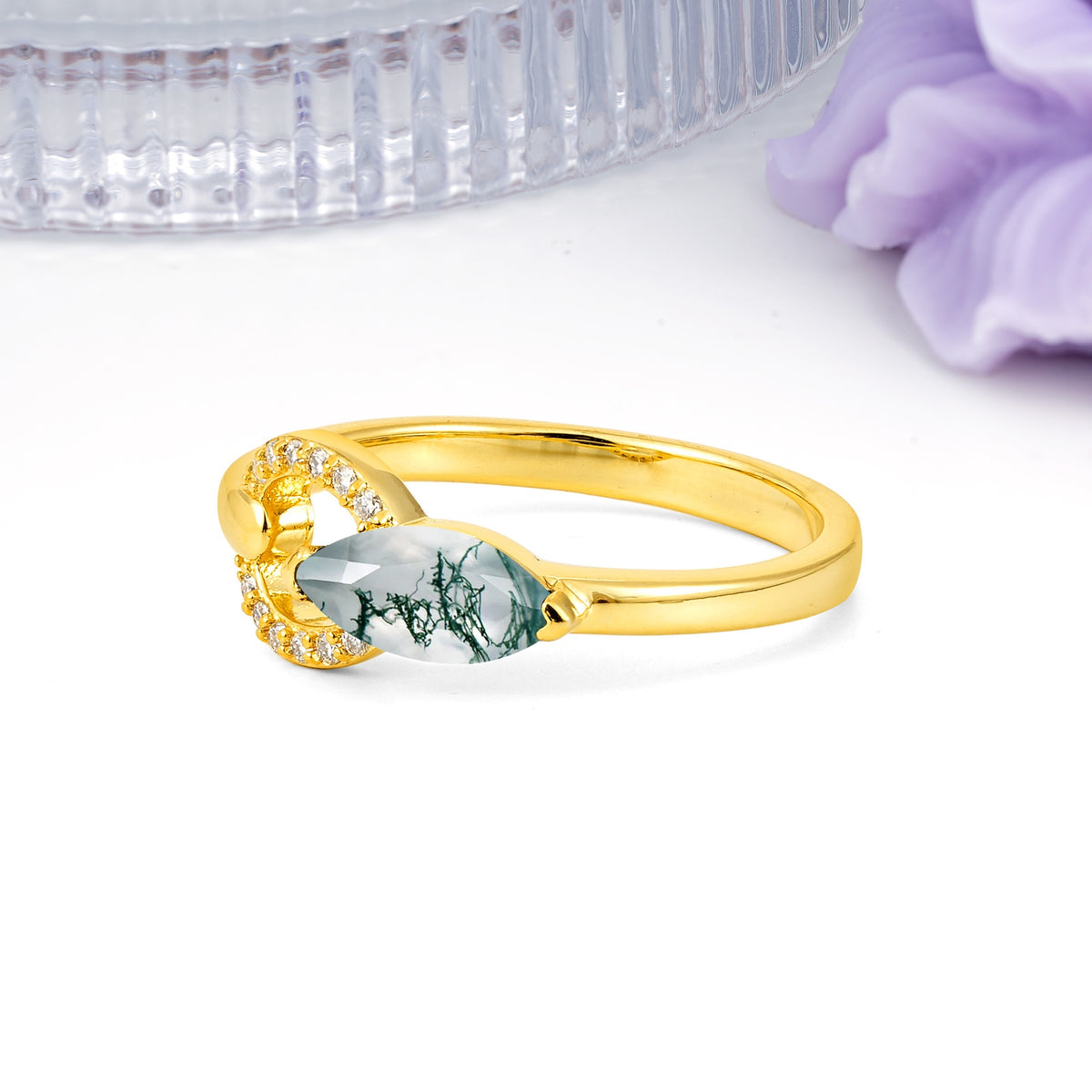 Unique 2-Prong Marquise Cut Moss Agate Engagement Ring - Additional view