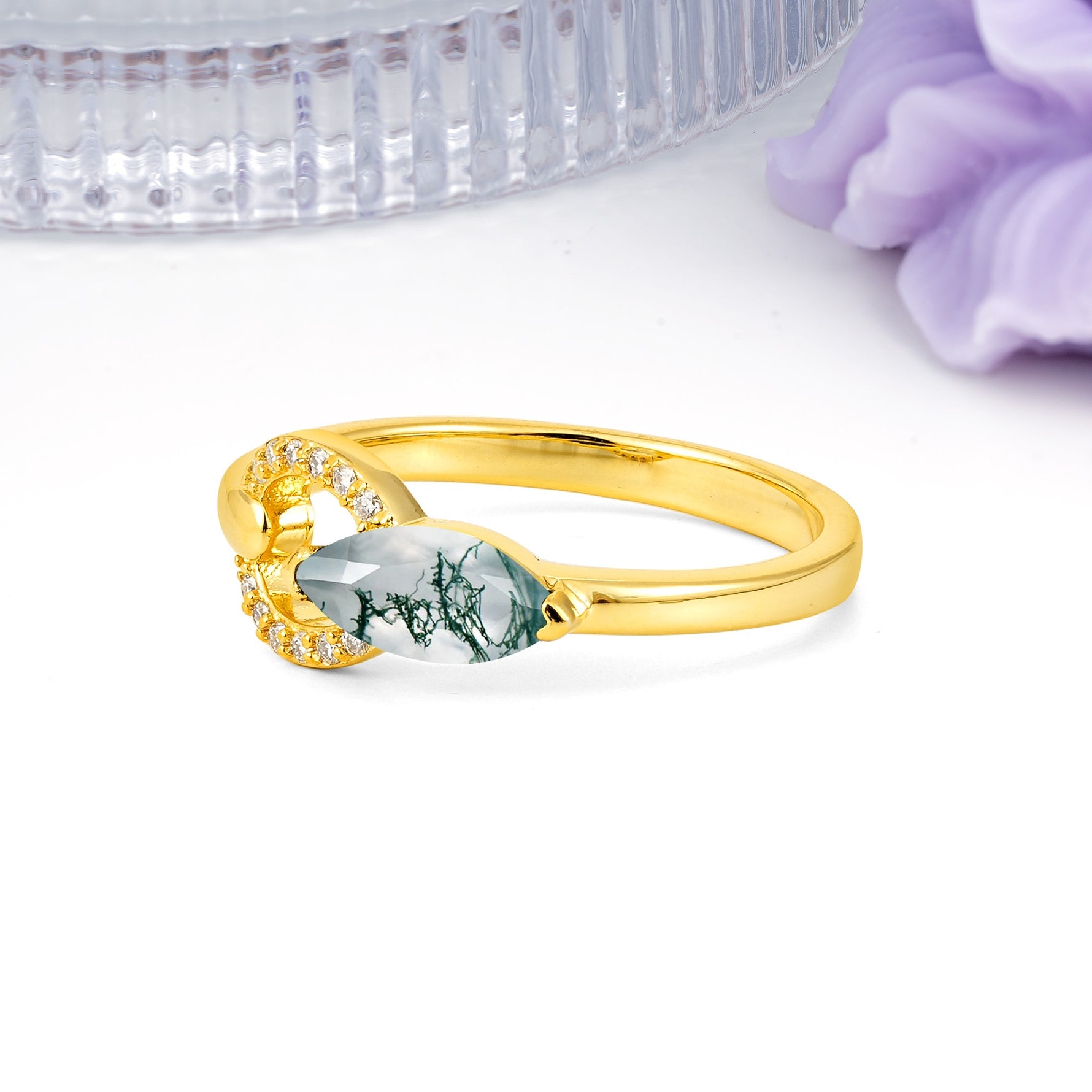 Unique 2-Prong Marquise Cut Moss Agate Engagement Ring - Additional view