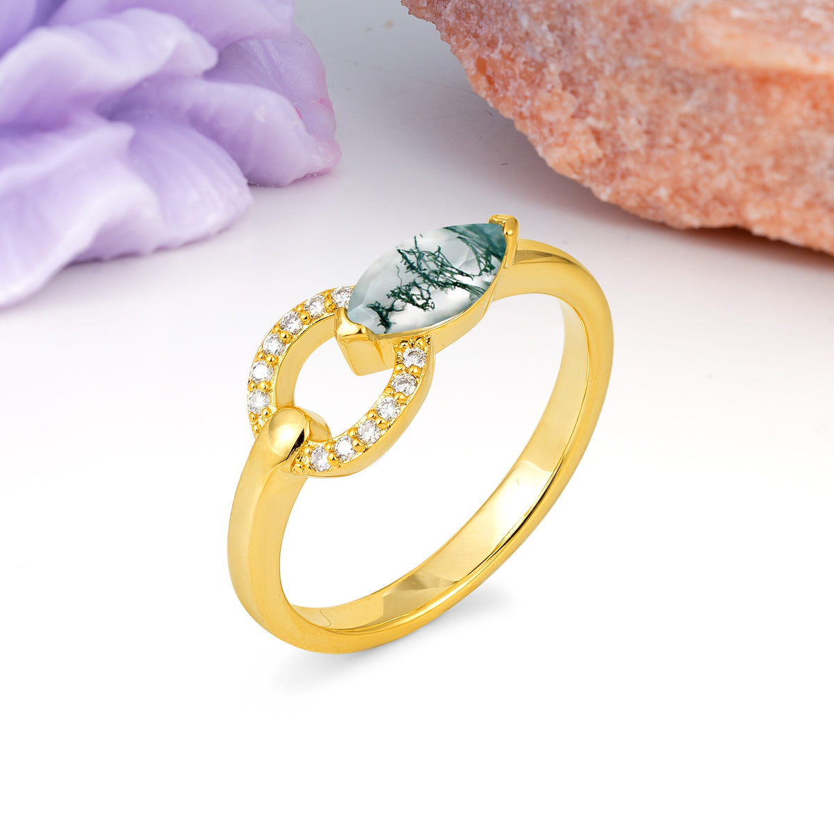 Unique 2-Prong Marquise Cut Moss Agate Engagement Ring - Additional view