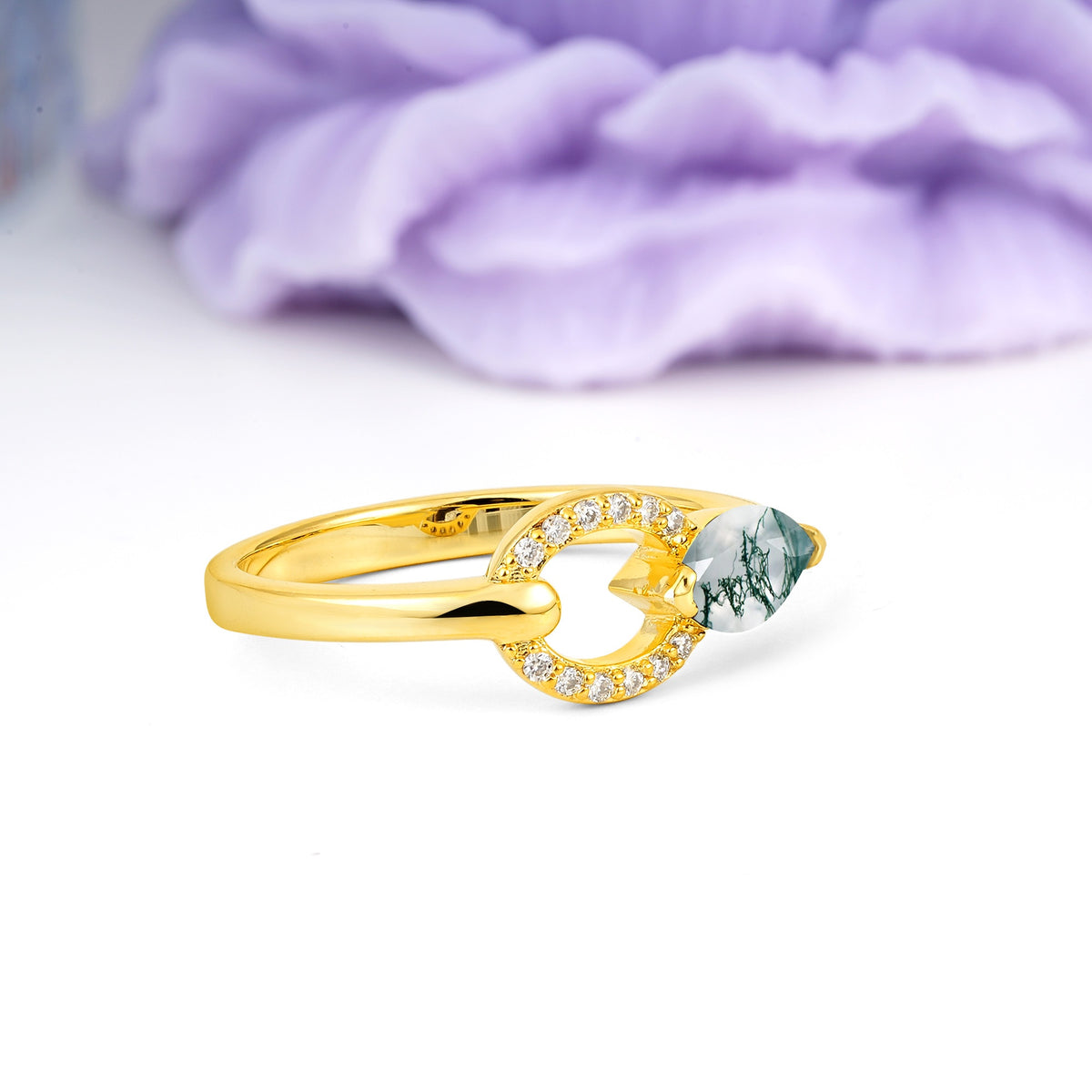 Unique 2-Prong Marquise Cut Moss Agate Engagement Ring - Additional view
