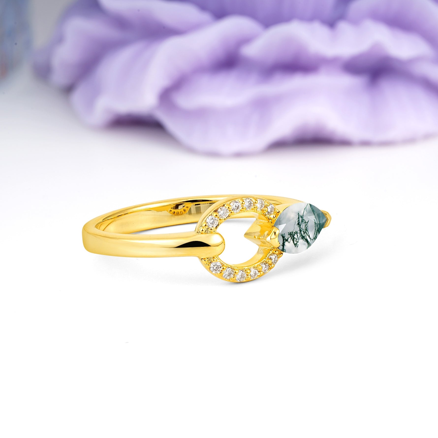 Unique 2-Prong Marquise Cut Moss Agate Engagement Ring - Additional view