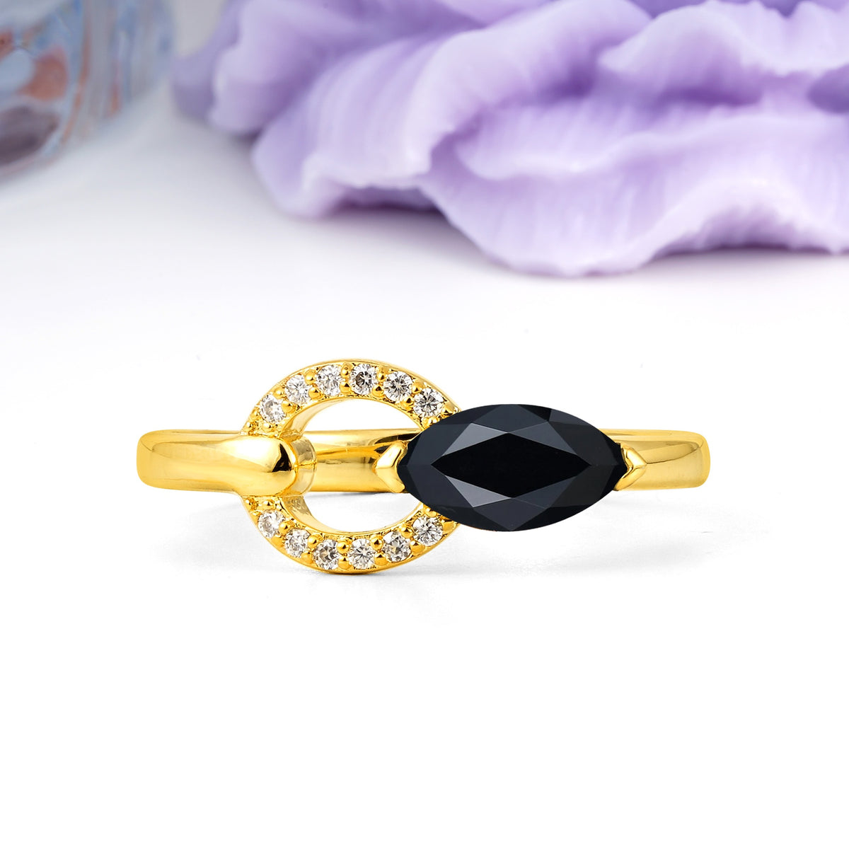 Unique 2-Prong Marquise Cut Black Onyx Engagement Ring - Additional view