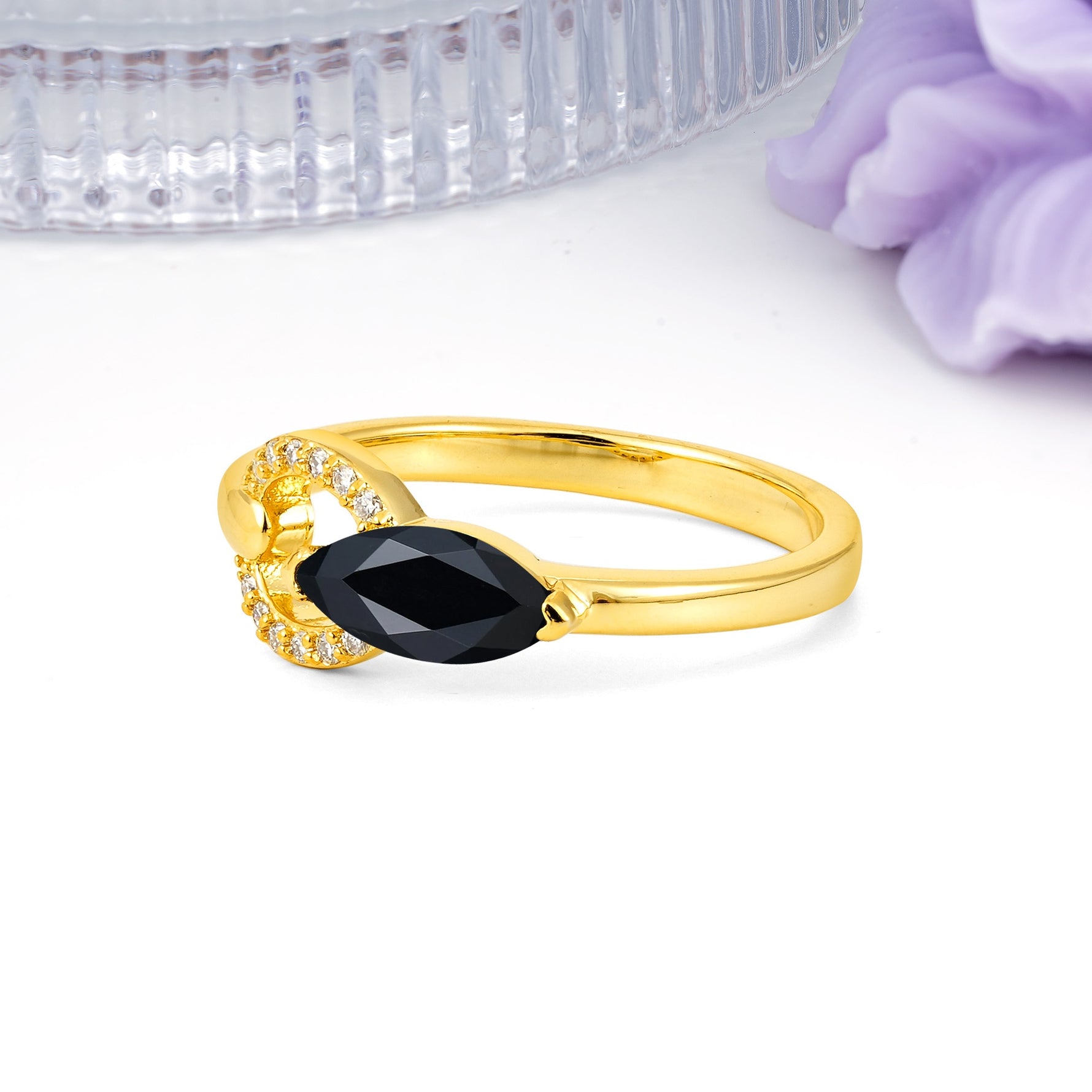 Unique 2-Prong Marquise Cut Black Onyx Engagement Ring - Additional view