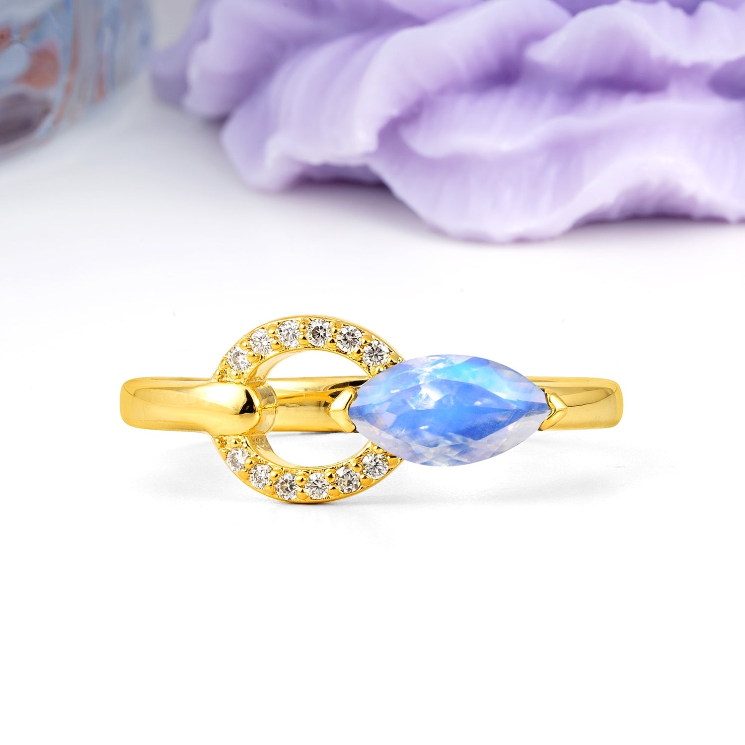 Unique 2-Prong Marquise Cut Moonstone Engagement Ring - Additional view