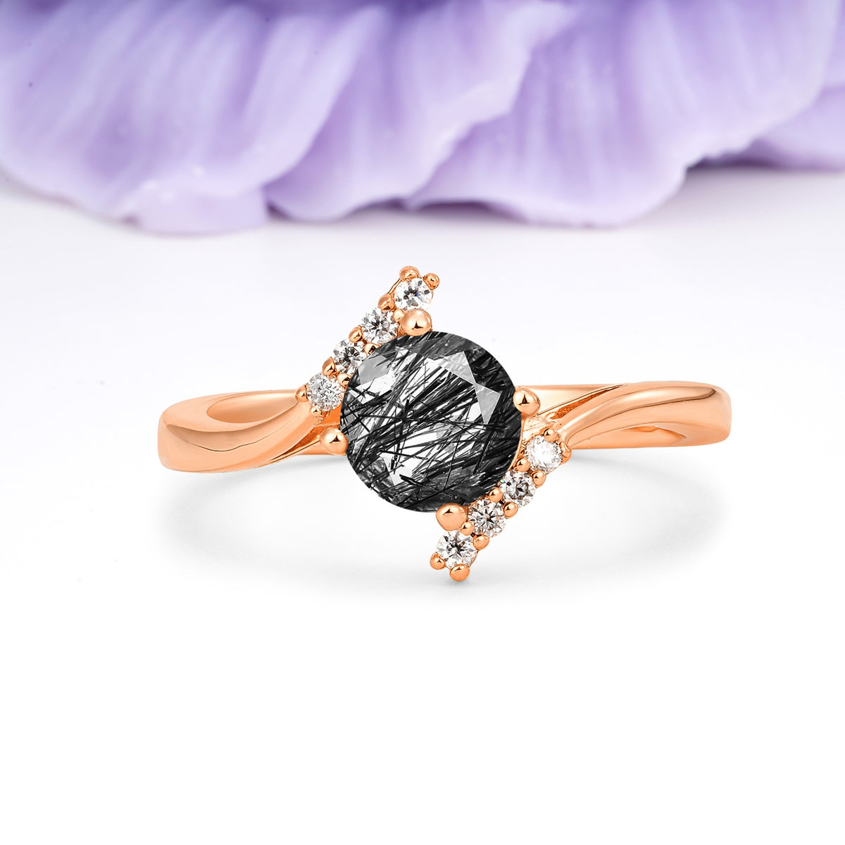 Unique Twisted 4 Prong Round Cut Black Rutilated Quartz Engagement Ring - Additional view