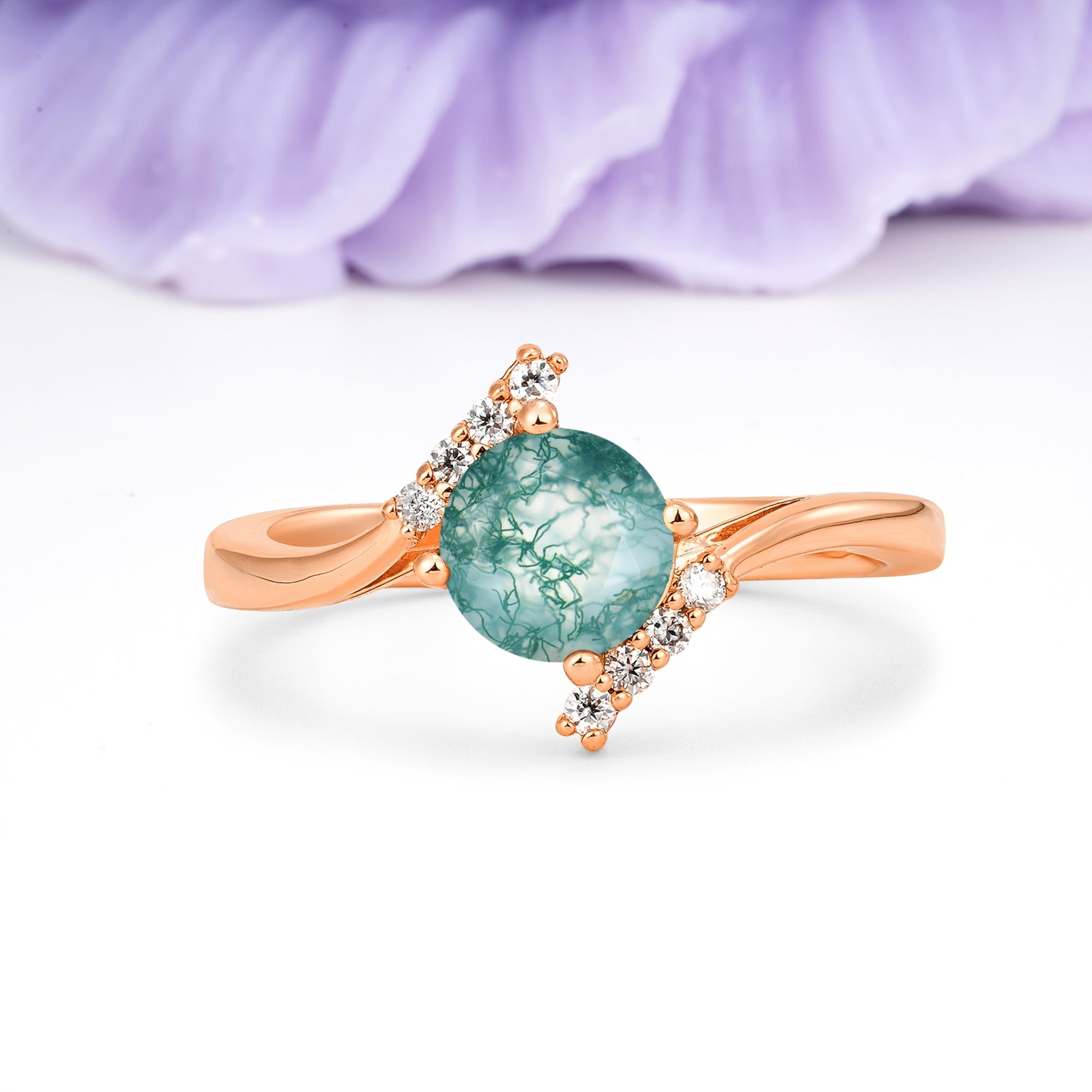 Unique Twisted 4 Prong Round Cut Moss Agate Engagement Ring - Additional view