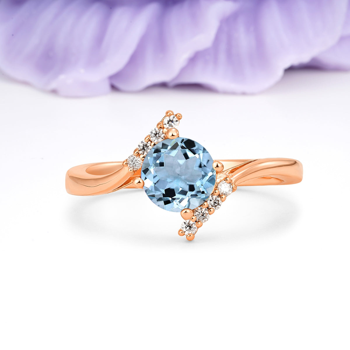 Unique Twisted 4 Prong Round Cut Aquamarine Engagement Ring - Additional view