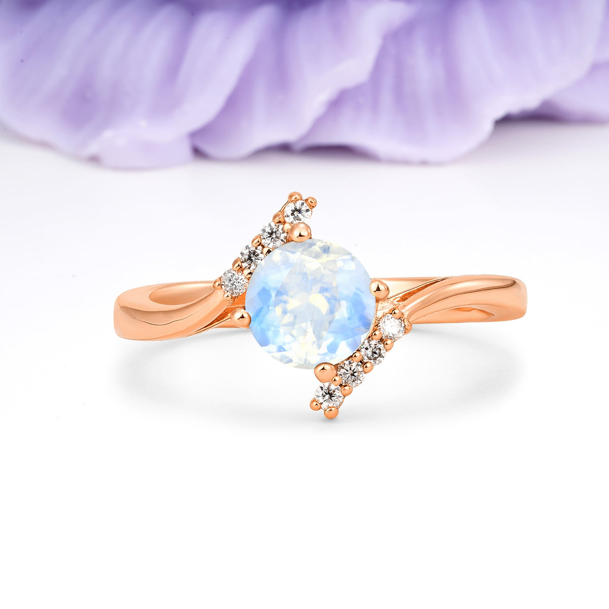 Unique Twisted 4 Prong Round Cut Moonstone Engagement Ring - Additional view