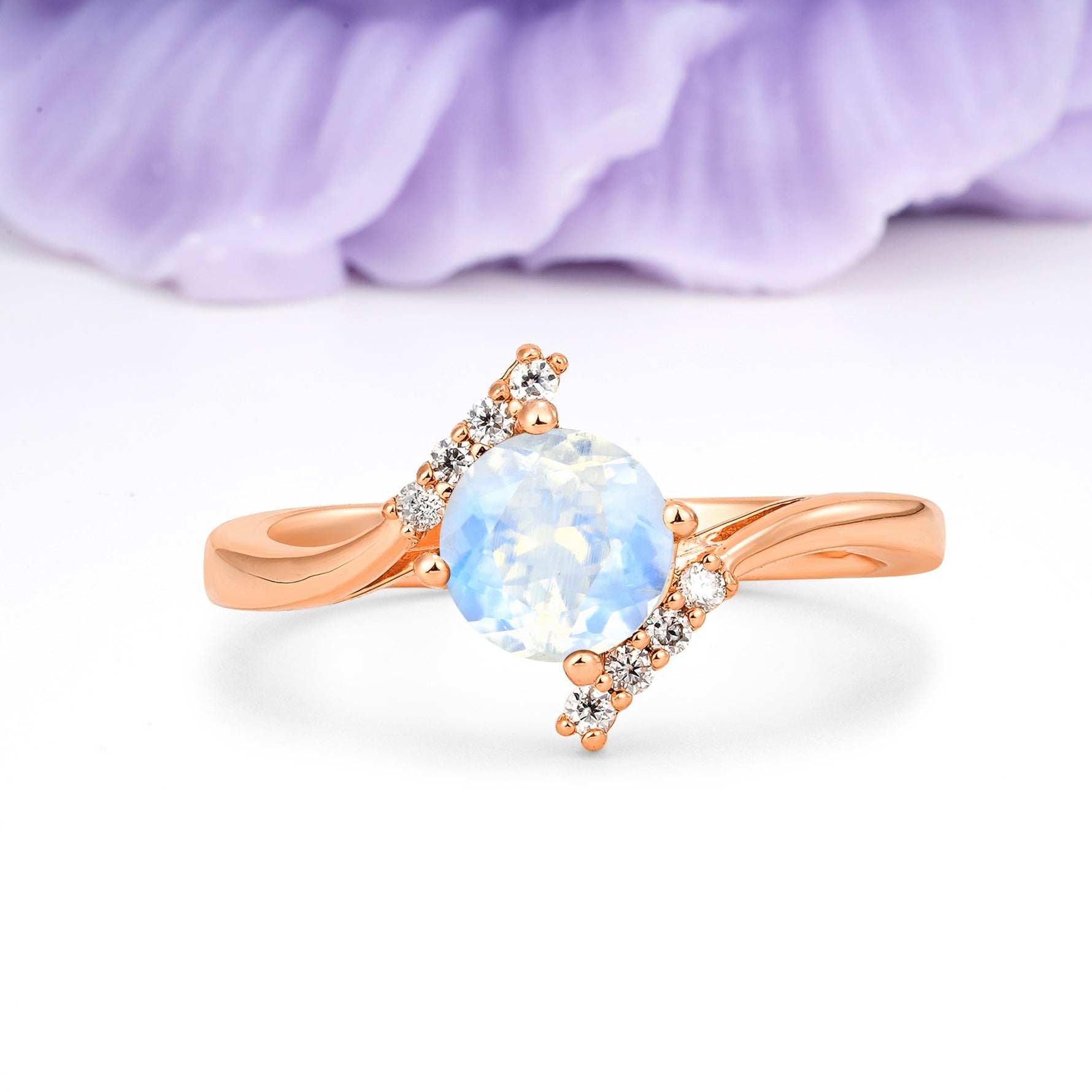 Unique Twisted 4 Prong Round Cut Moonstone Engagement Ring - Additional view