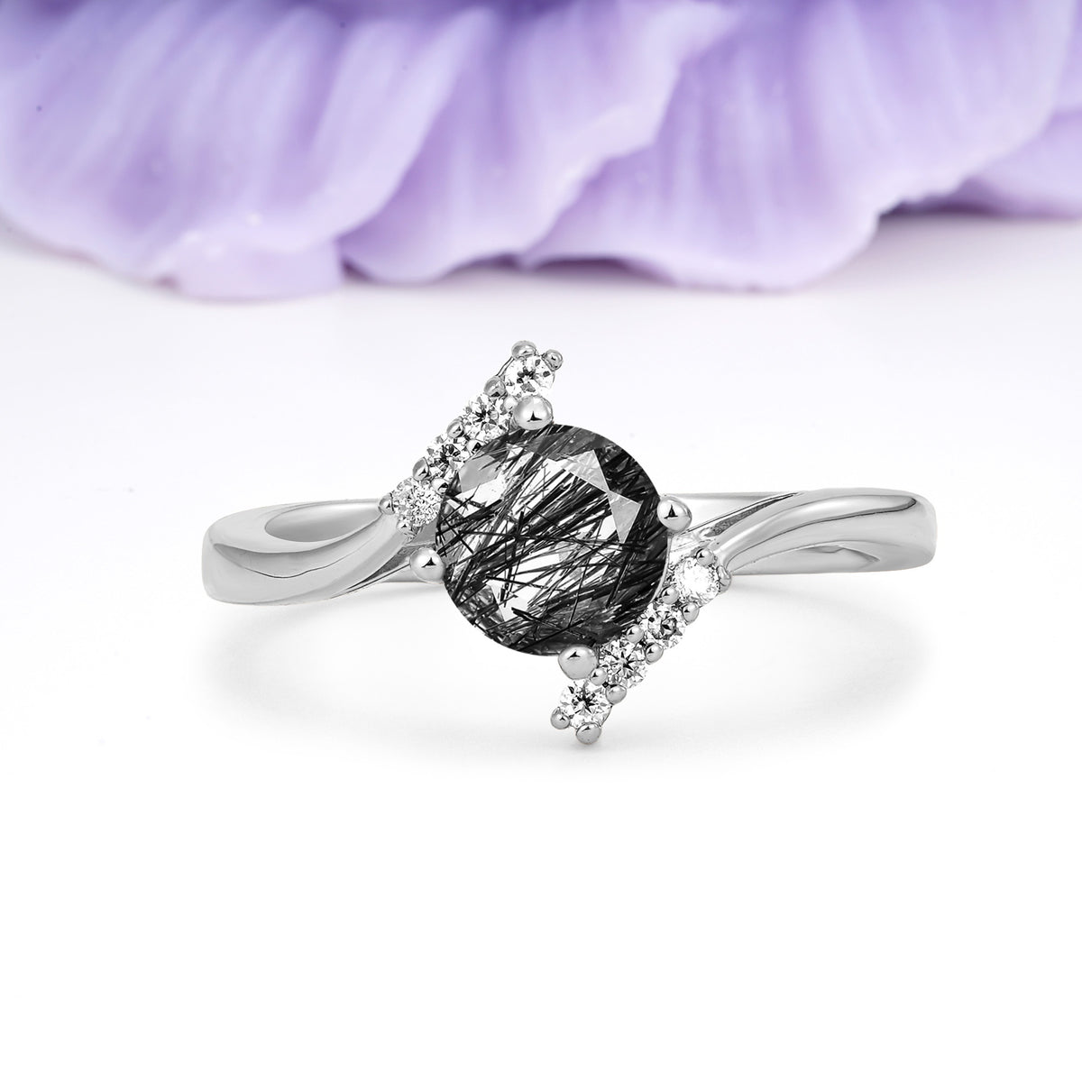 Unique Twisted 4 Prong Round Cut Black Rutilated Quartz Engagement Ring - Additional view